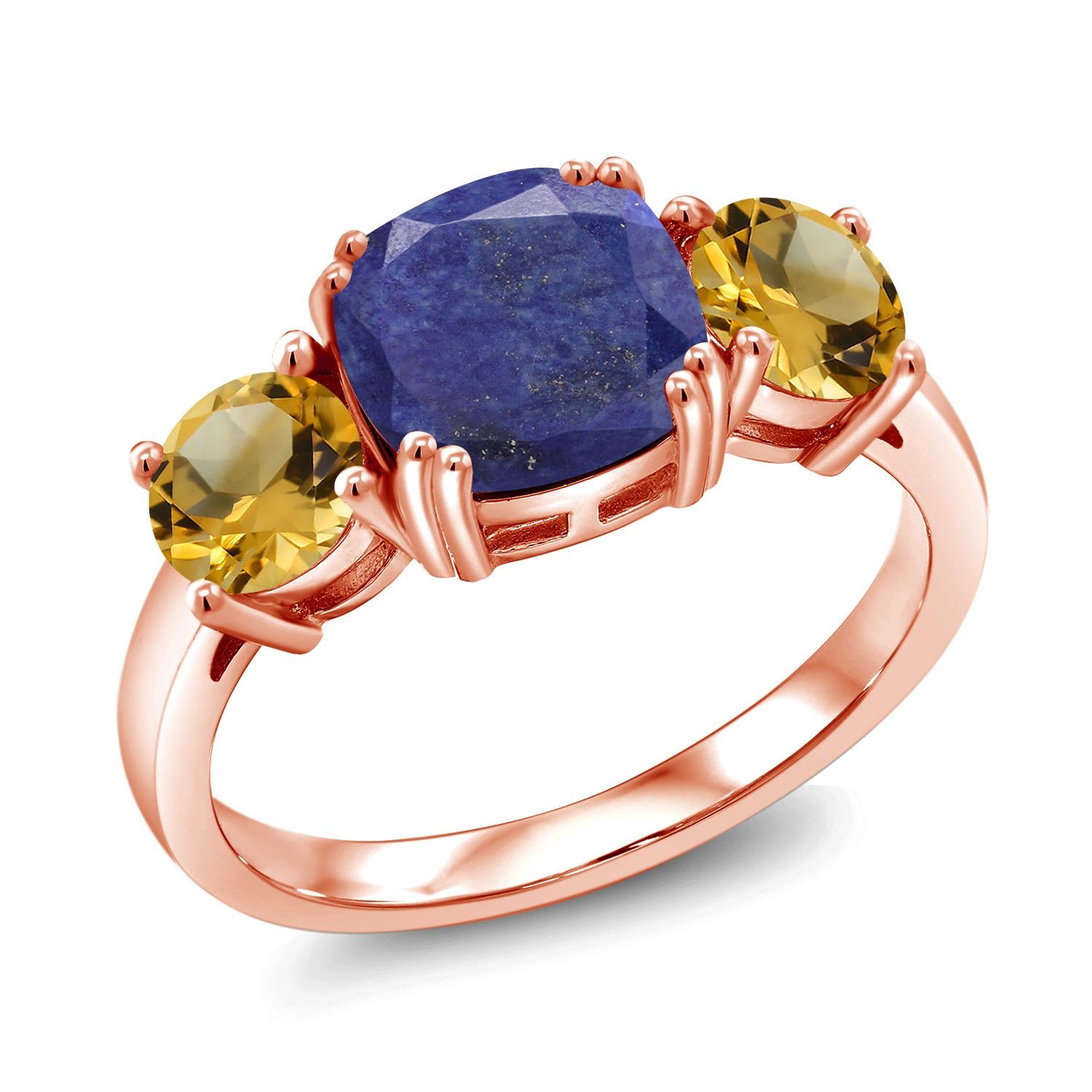 18K Rose Gold Plated Silver Blue Lapis and Citrine 3 Stone Engagement Ring For