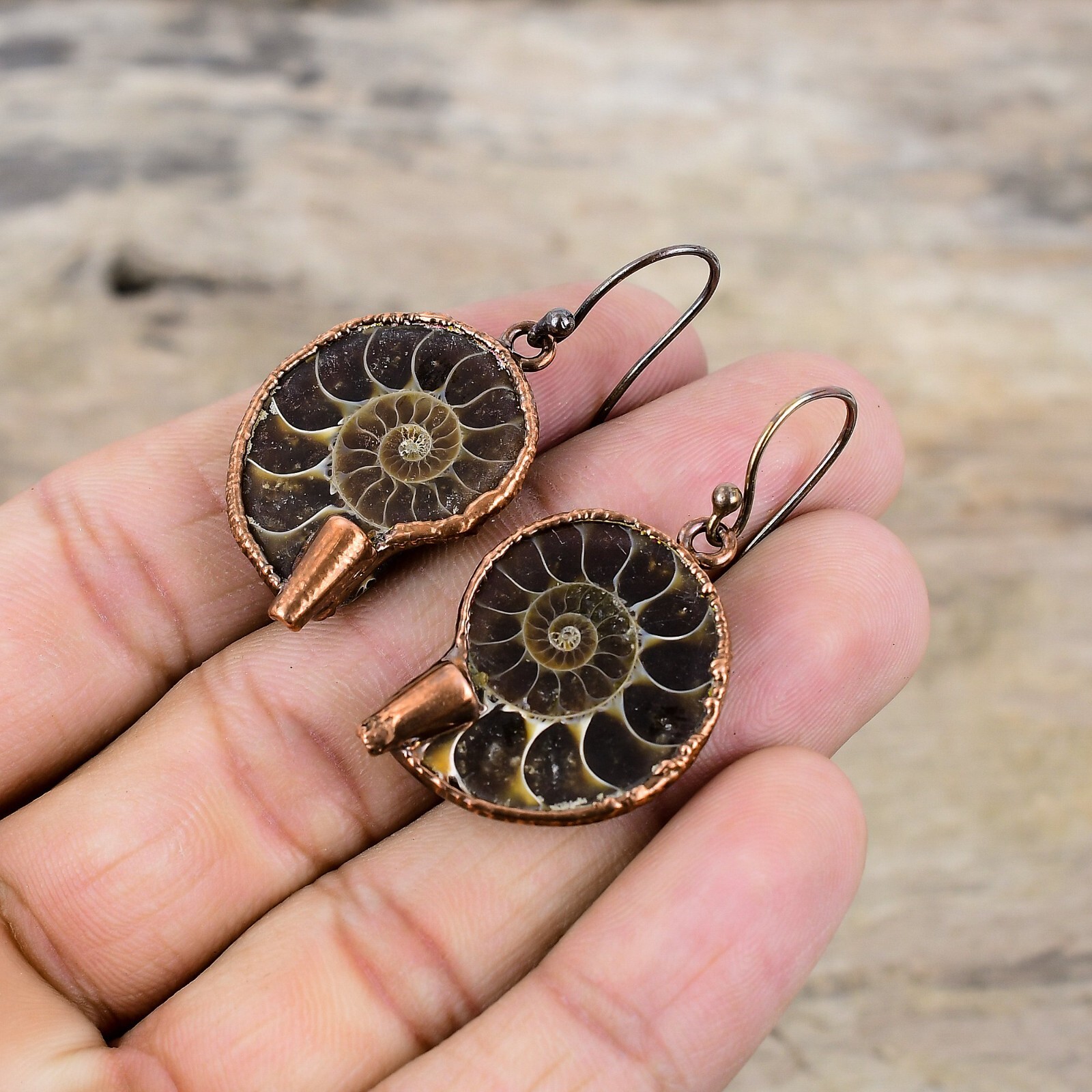 Gift For Her Copper Ammonite Fossil Electroformed Drop/Dangle Earrings 1.77″