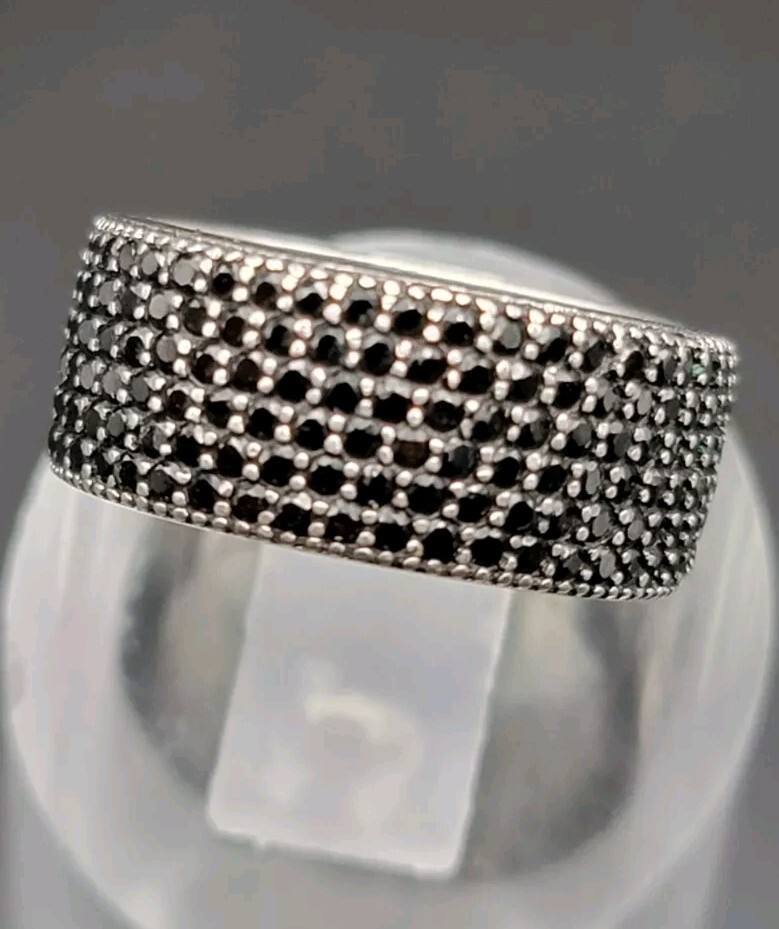 Sterling Silver Black Spinel Pave Band Ring Wide Dome Statement Eternity Style