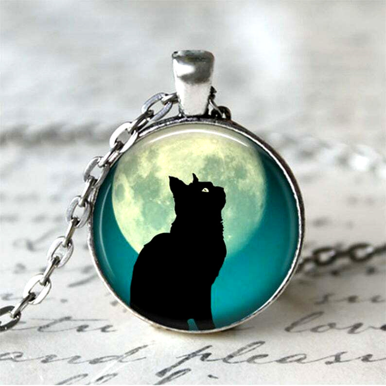 BLACK CAT MOON 1″ Handmade Pendant Charm Sterling 925 Silver 22″ Necklace Gift
