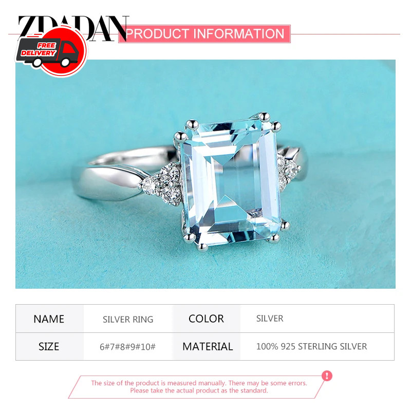 925 Sterling Silver Fashion Aquamarine Gemstone Ring For Women Wedding