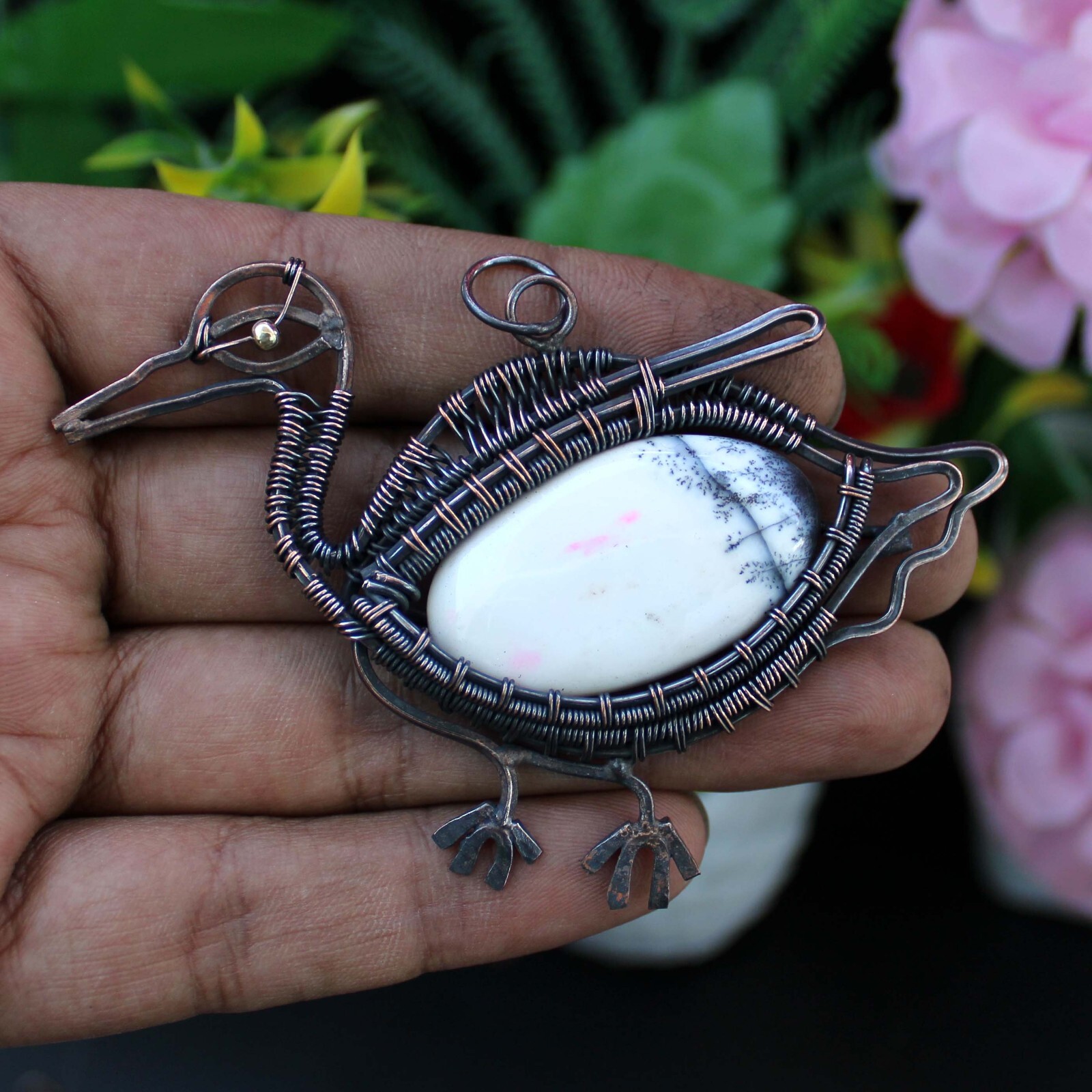 Dendrite Opal Gemstone Jewelry Mother Gift Copper Wire Wrapped Bird Pendant