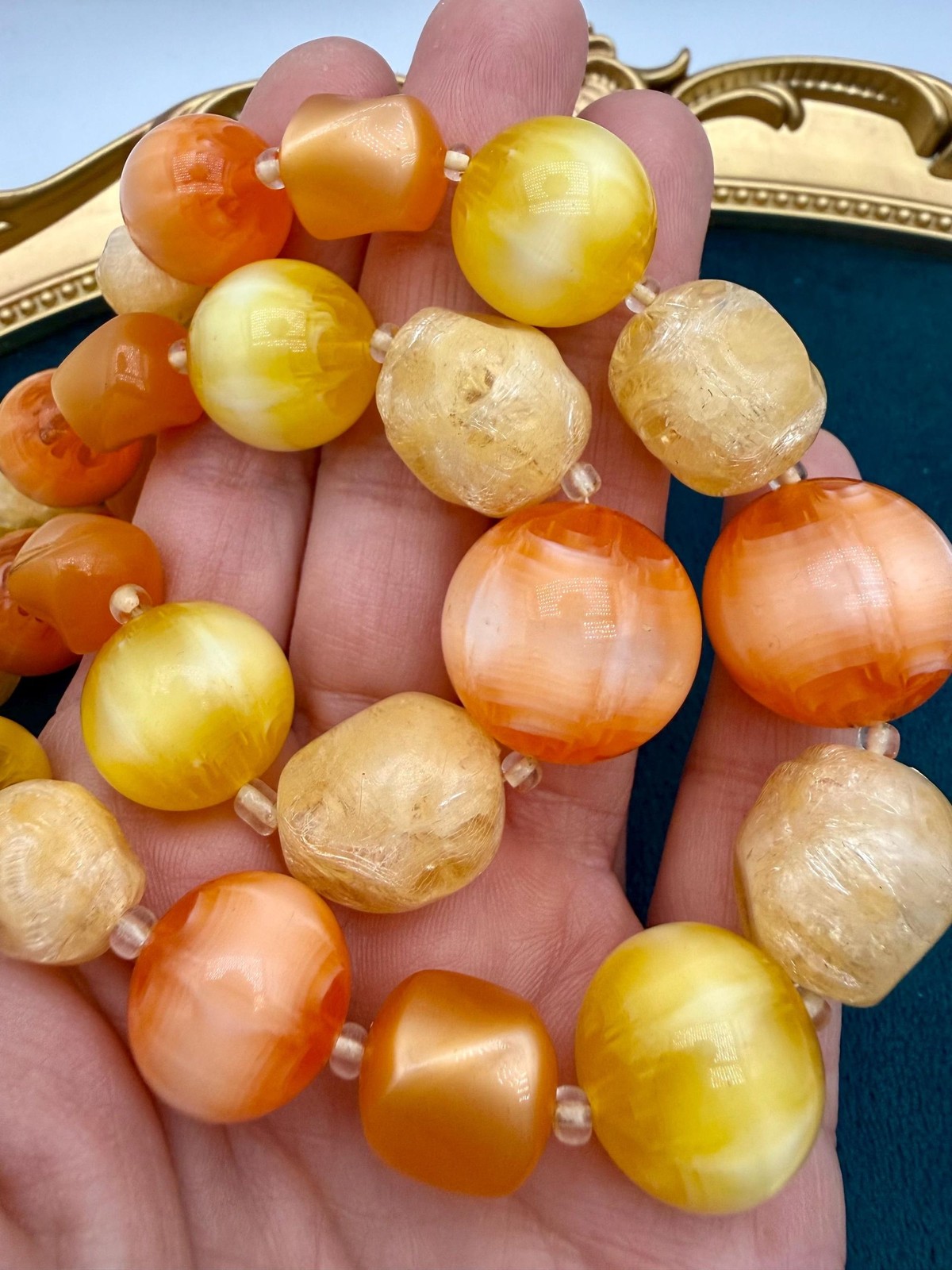 Vintage Coro Moonglow Lucite Necklace, 1950s Fruit Salad Beads, Orange Yellow Bu