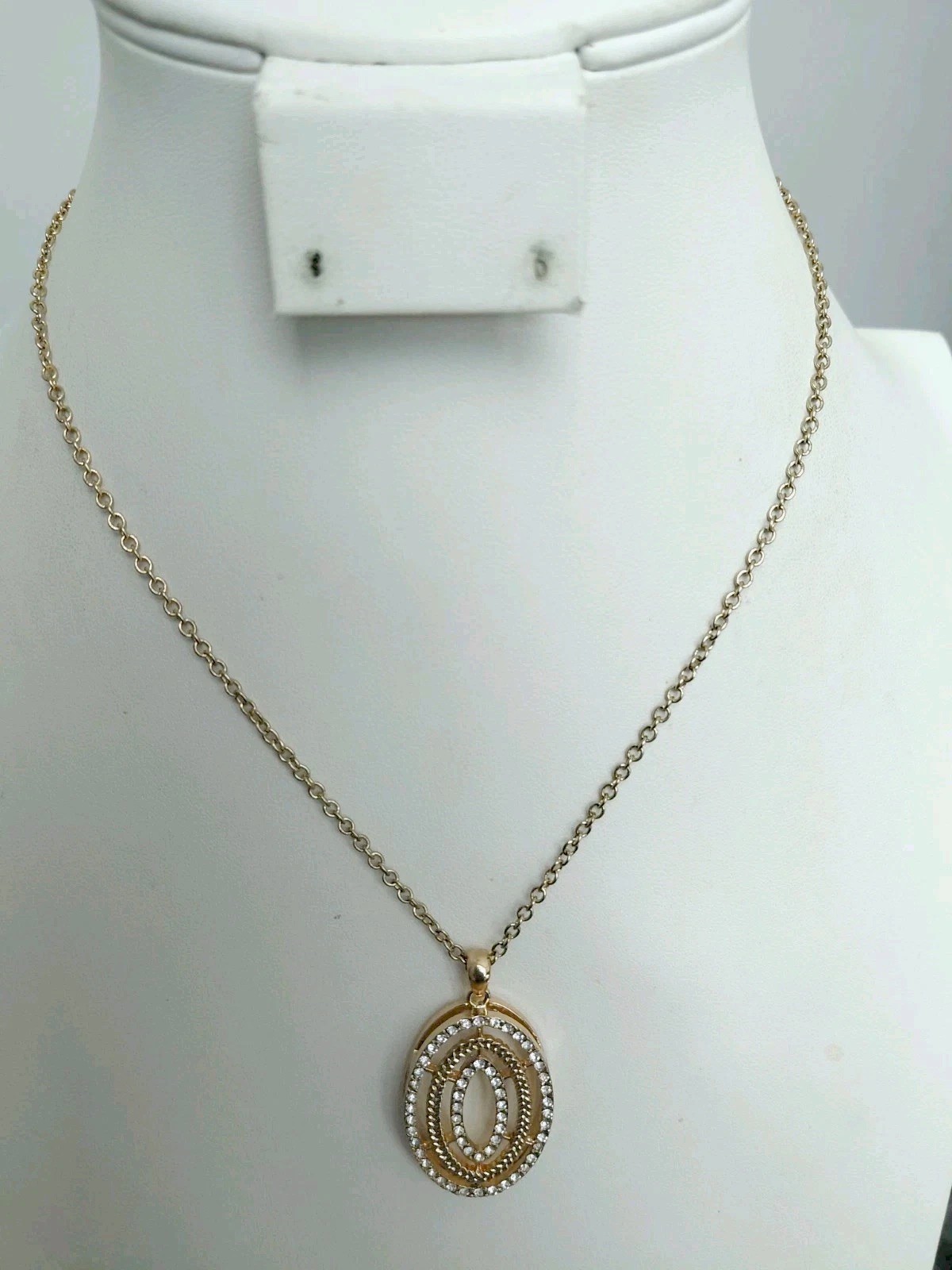 Gold Tone Oval Pendant Necklace _ Clear Rhinestone Accents _ None Missing