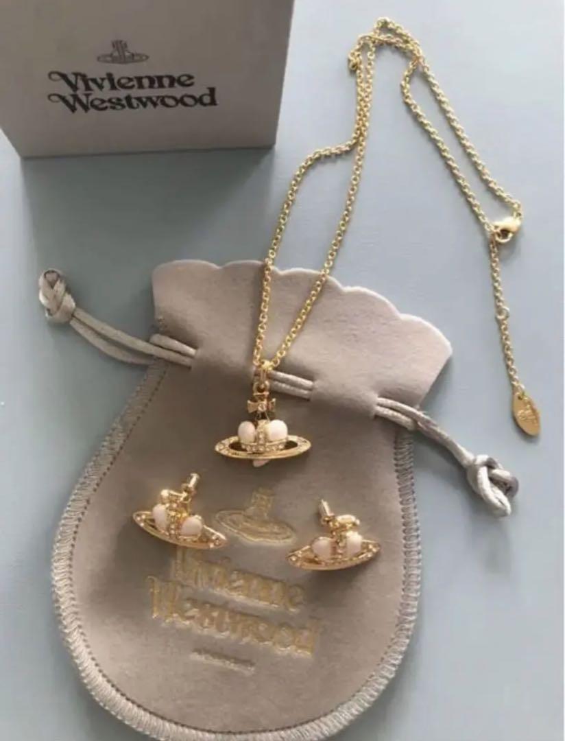 Vivienne Westwood Diamante Heart Necklace Earrings Set White Gold NO BOX [EJ509