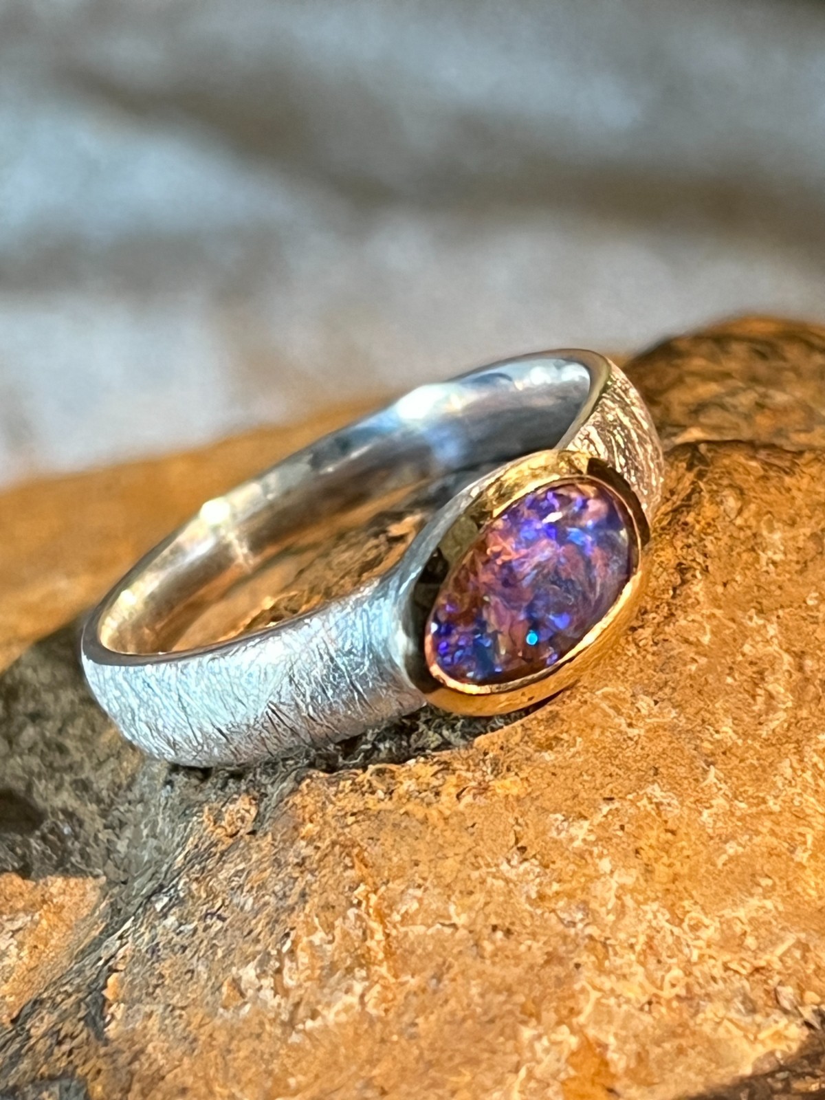 Blue Red Moon Opal 10mm x 7mm Ring in Sterling Silver with Gold Plated Setting
