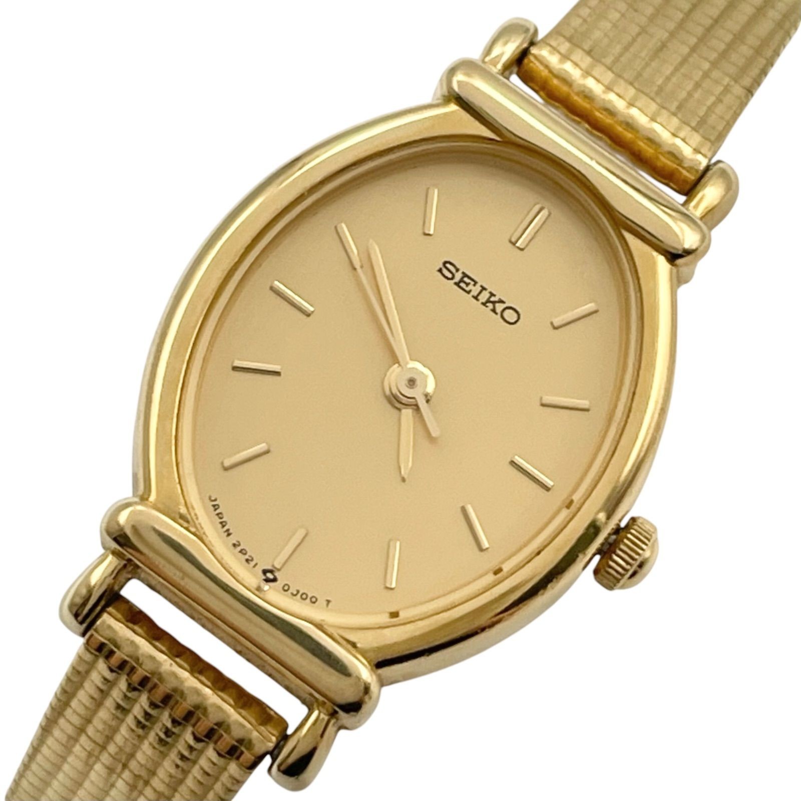Working new battery SEIKO Quartz QZ 2P21 5D10 Oval Ladies Gold 3 Hands Stainless