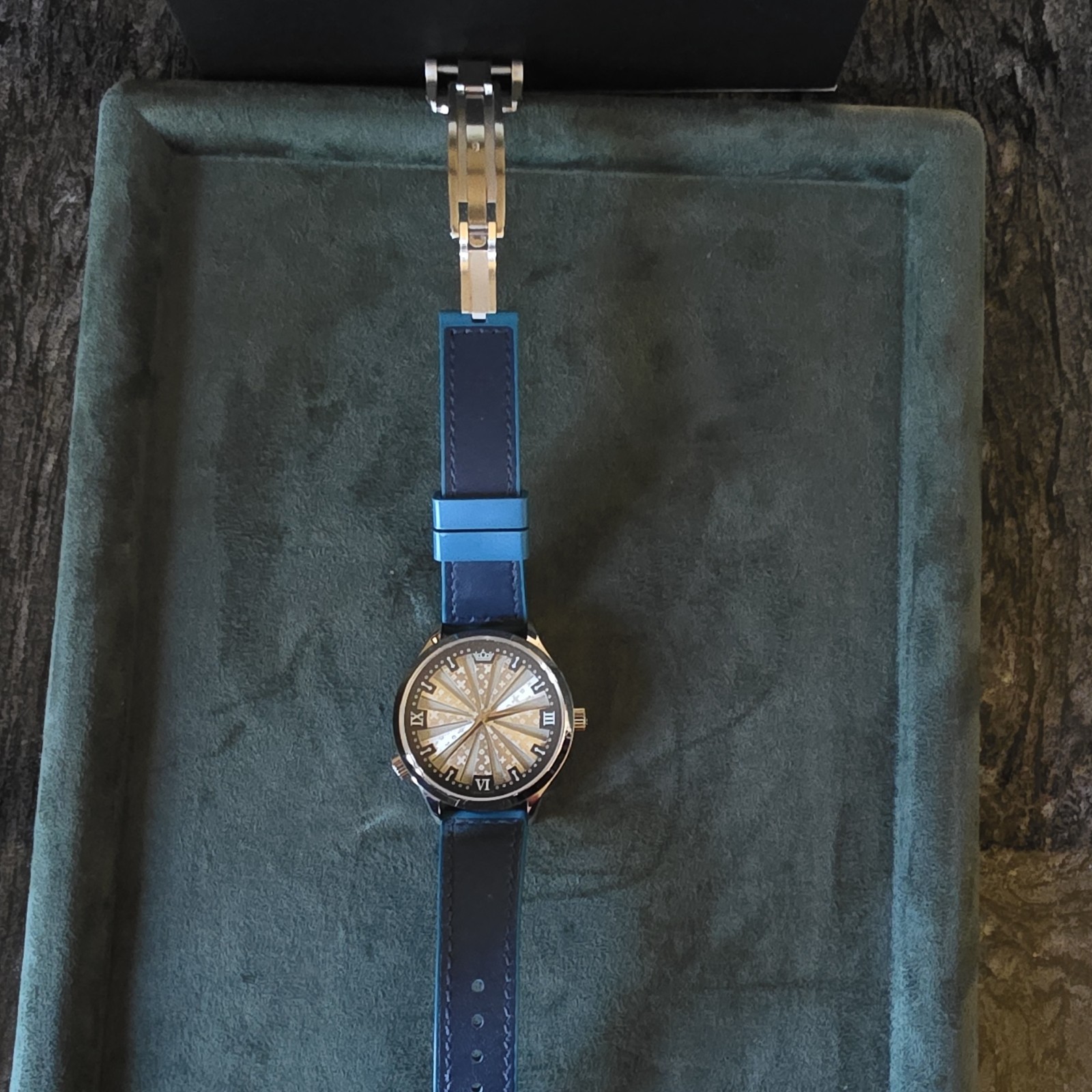 SKYSEED Silver Dial Roman Numerals Watch Blue Leather Strap