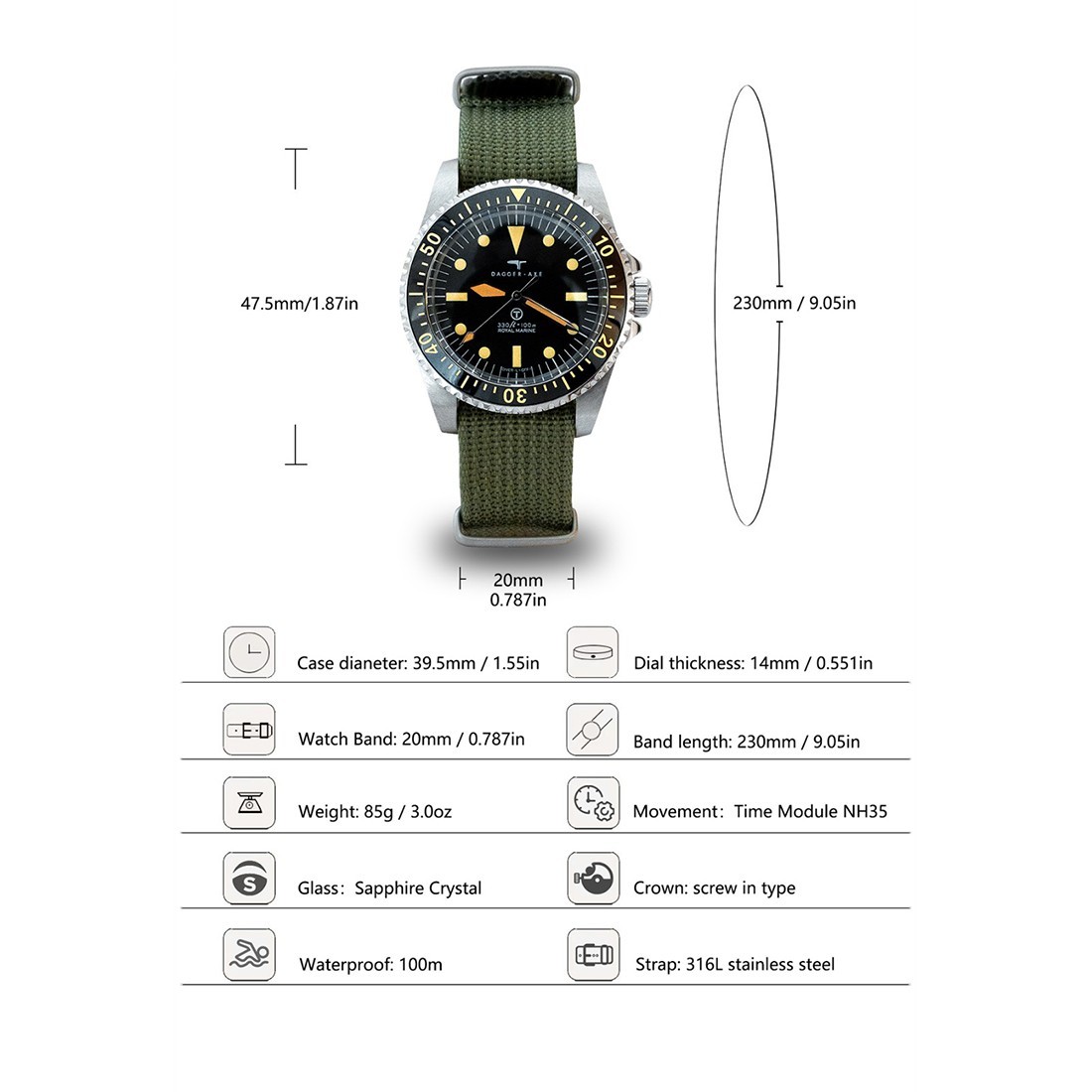 Dagger Axe DG-T007S Automatic Black Steel Green Fabric Diver Men’s Watch