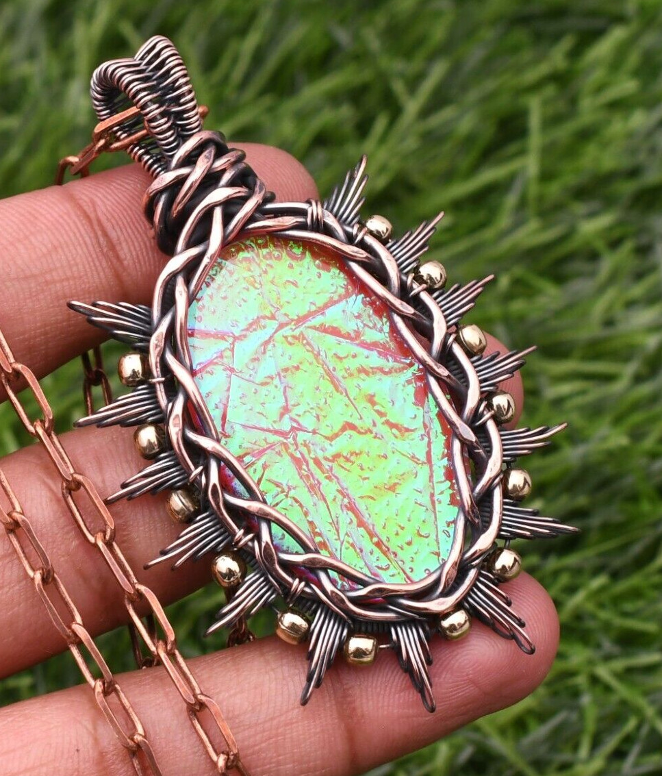 Triplet Fire Opal Gemstone Copper Wire Wrap Handmade Jewelry Pendant 2.28″