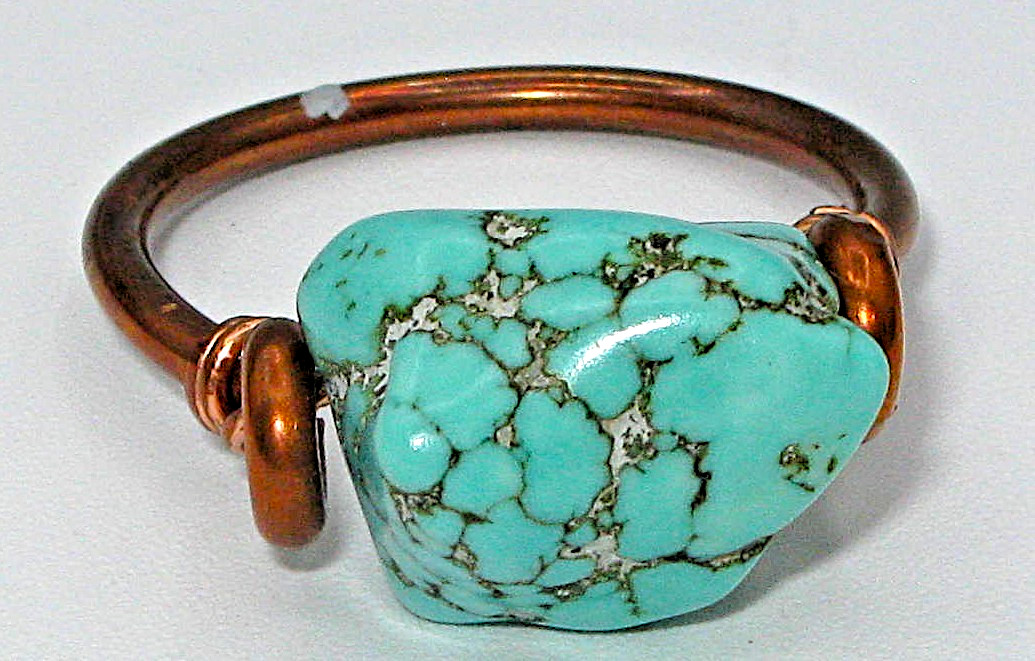 Rustic Handcrafted Copper Ring Simulated Turquoise Howlite Size 9.5 in Boho