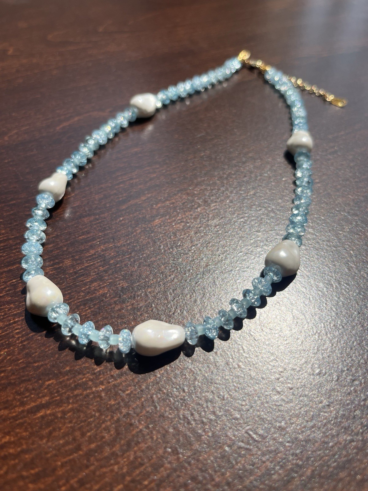 Handmade Beaded Necklace – Something Blue With Large Baroque Pearls 38cm/15in