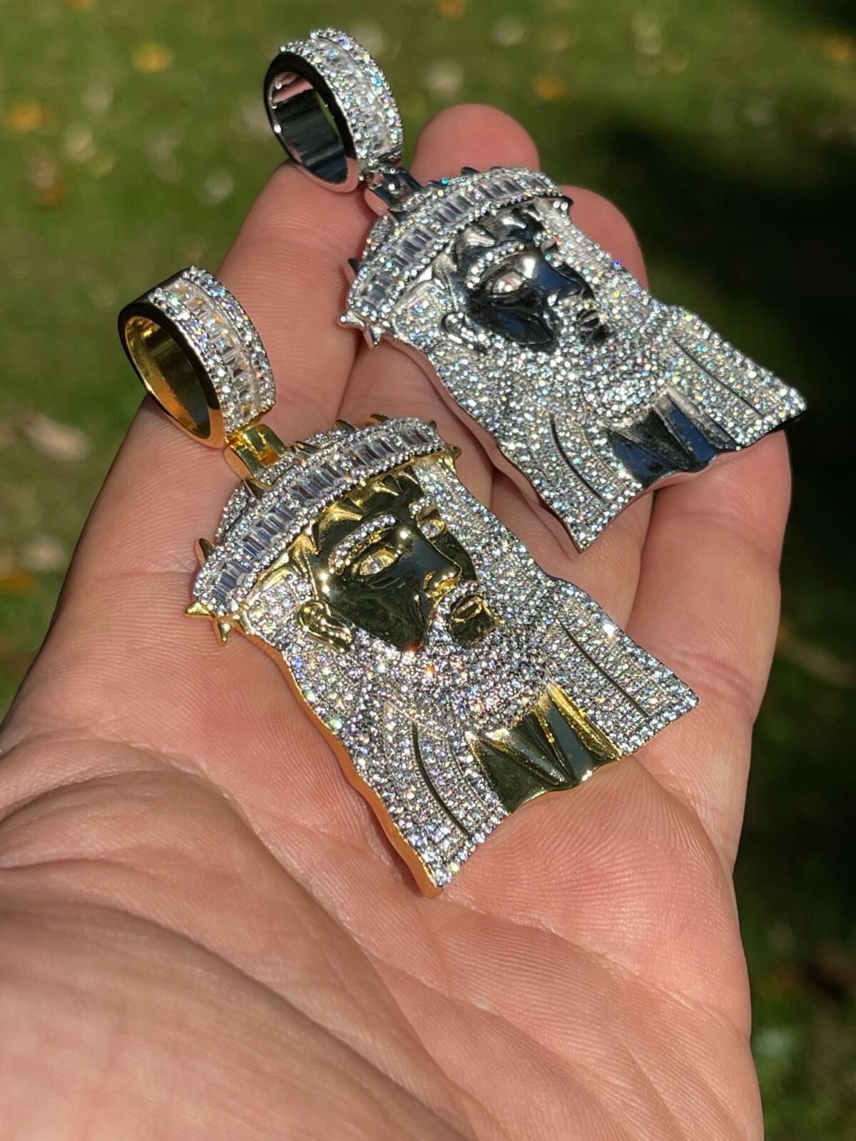 Men’s Large 925 Silver Gold Plated Jesus Piece Iced Hip Hop Necklace Baguette CZ
