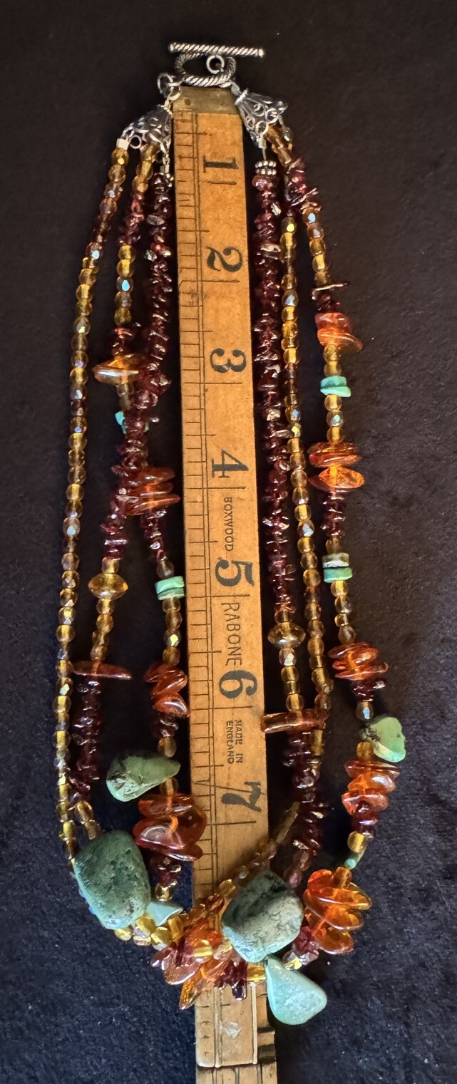 Vintage Handmade Amber Turquoise Sterling Silver 925 Multi Strand Necklace