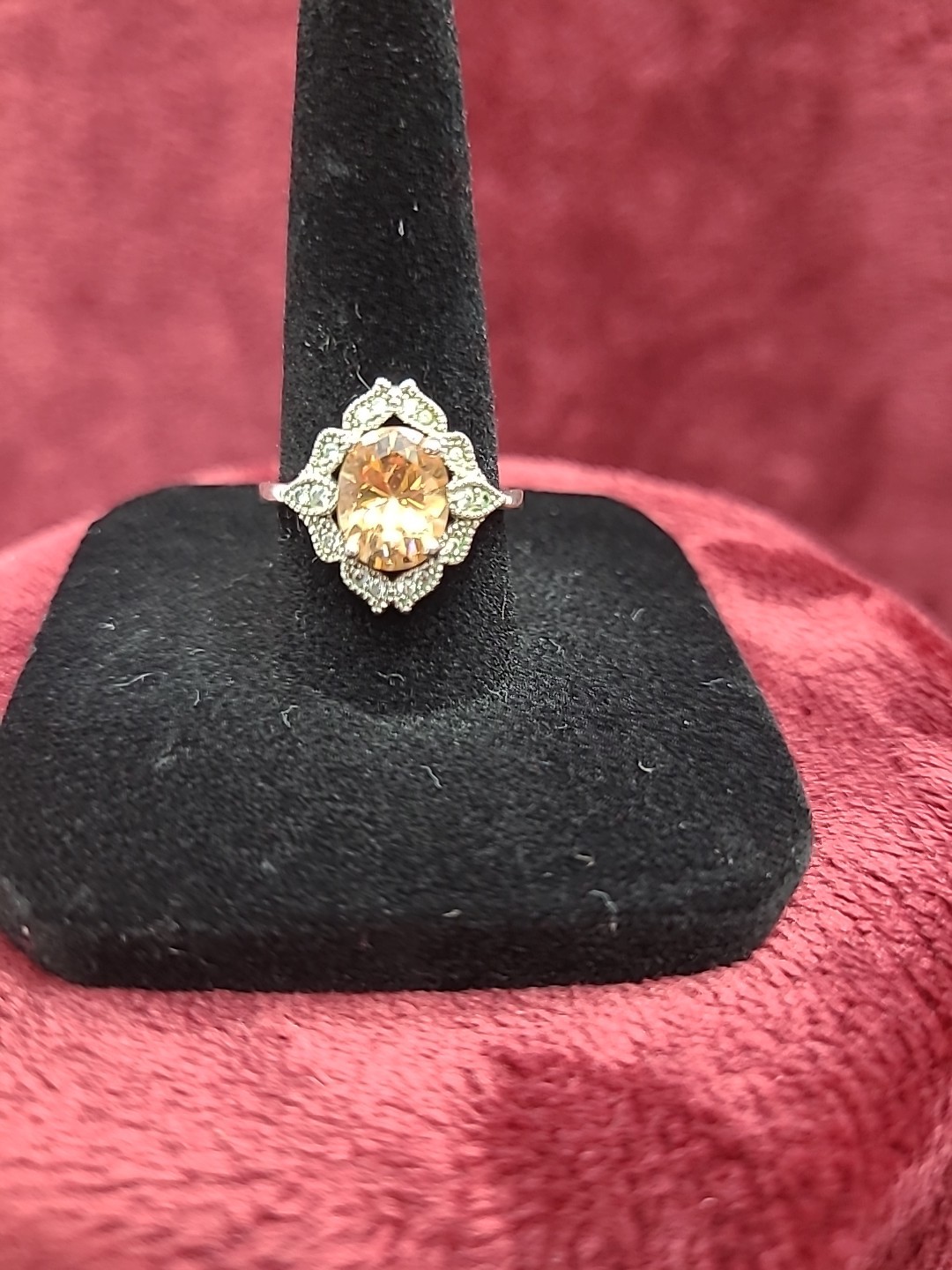 Faux Citrine w Rhinestone Silvertone Ring