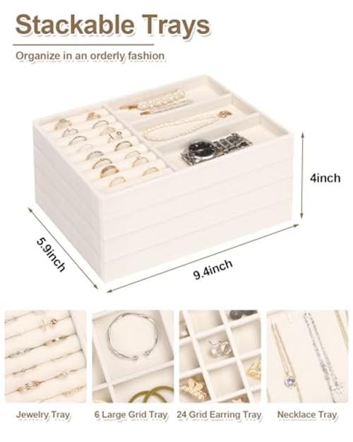 4 Jewelry Organizer Drawer Insert, Stackable Velvet Jewelry Tray beige