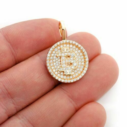2 CT Round Cut VVS1 Diamond Bitcoin Pendant With Chain 14K Yellow Gold Finish