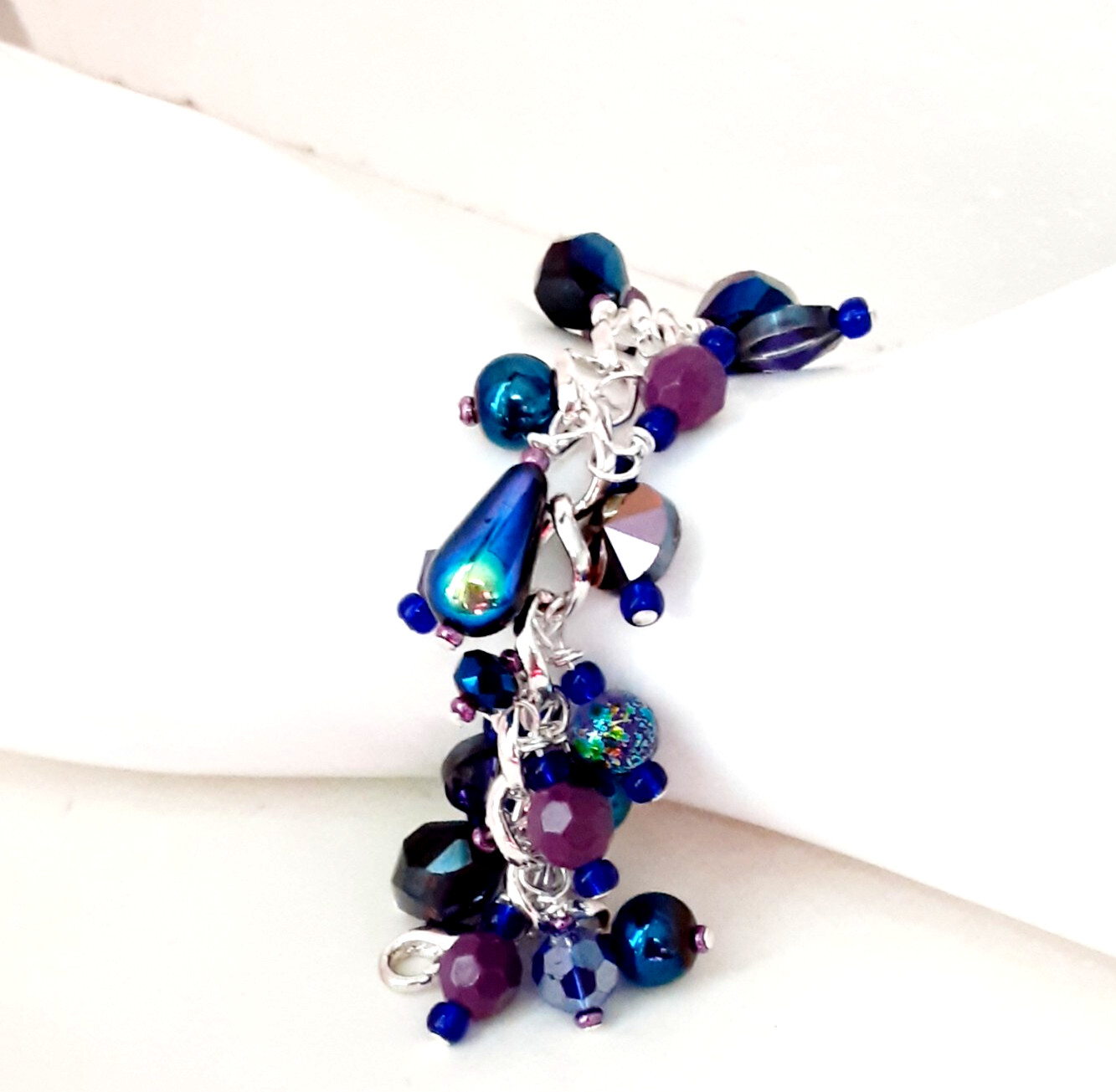 Handmade bracelet upcycled blue purple beads wirework Pat2 sz 6.2