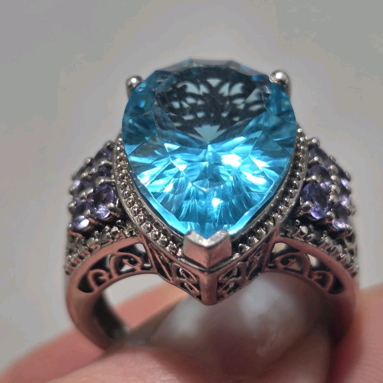 Vintage 925 Sterling Silver Statement Ring w/ Large Blue Topaz Sz 9 Cocktail