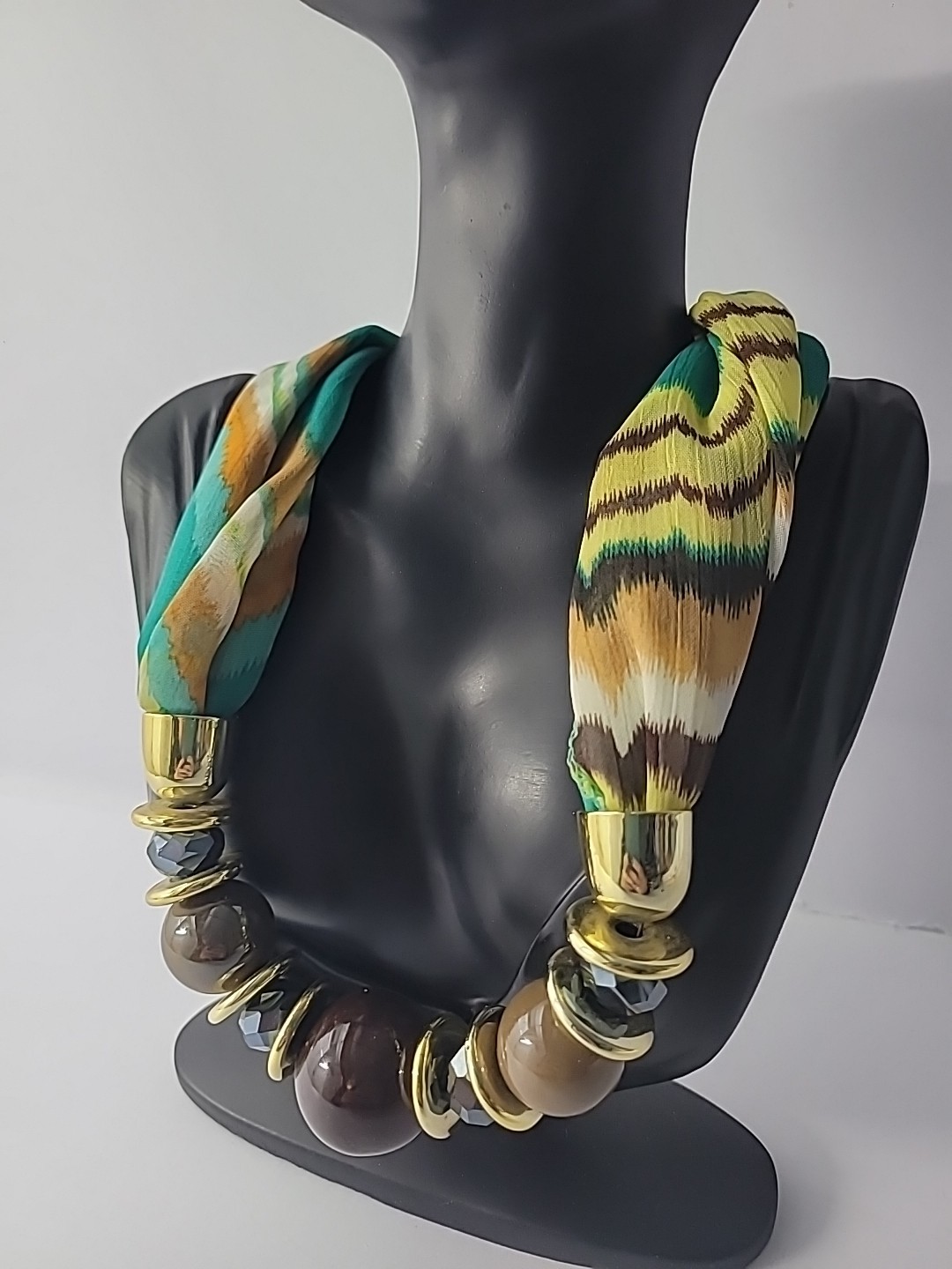 Vintage Boho Statement Necklace Fabric Beads Resin Gold Tone Boho Boutique