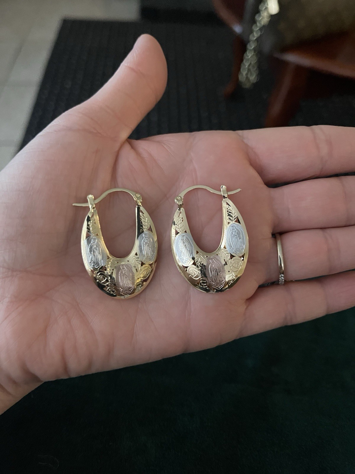 Two-Tone Gold Silver Etched Religious Teardrop Hoop Earrings Latch Back