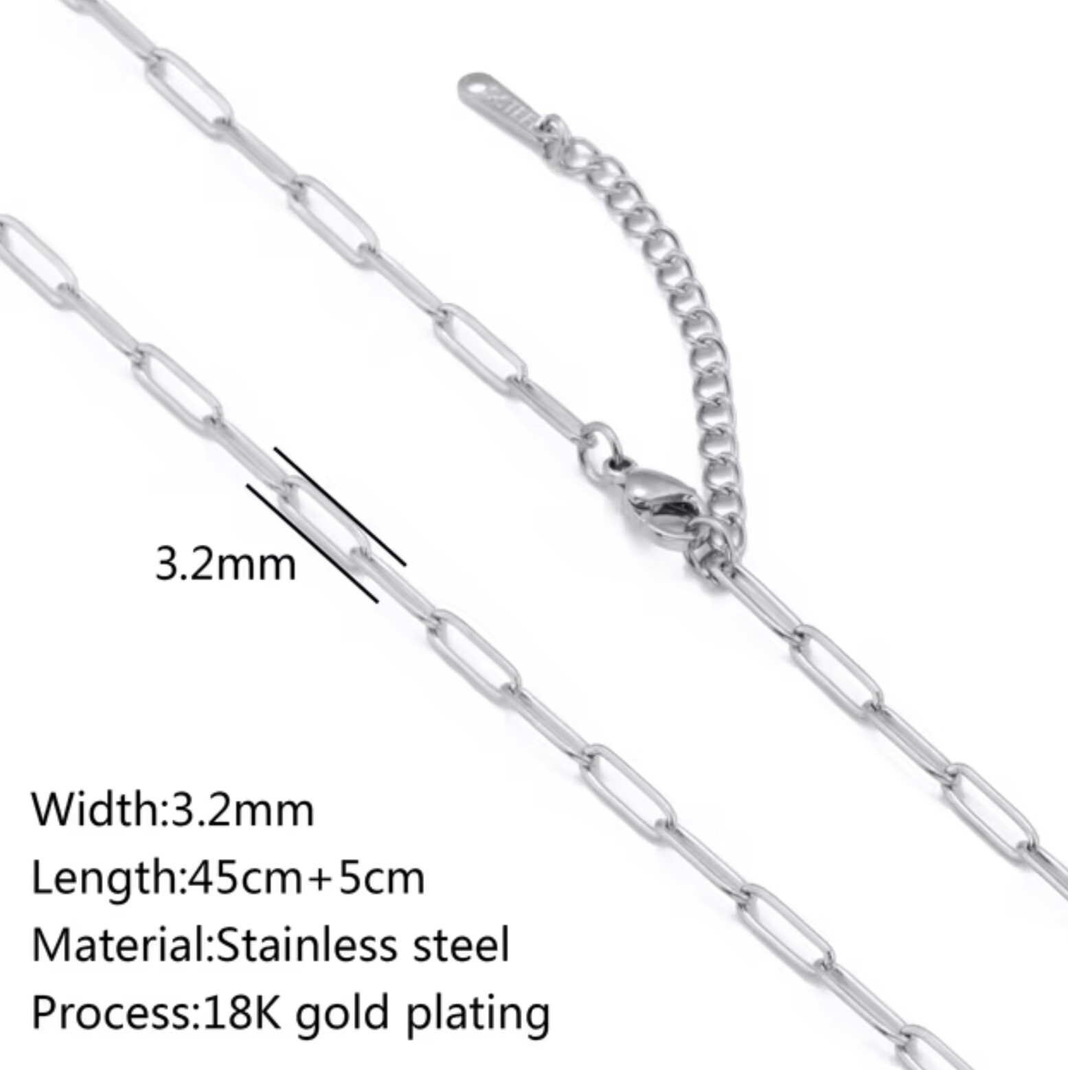 Stainless Steel 45cm (17.7 )inch 3.2 mm Paper Clip Chain with 2 inch exten