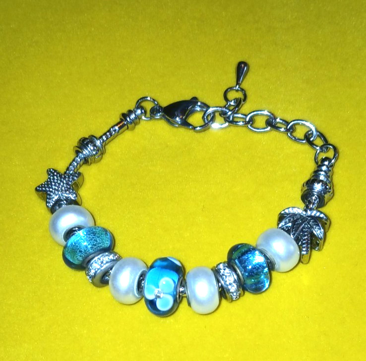 Bella Perlina Charm Bracelet Palm Tree and Star + Blue, Pearl Tone, Silver