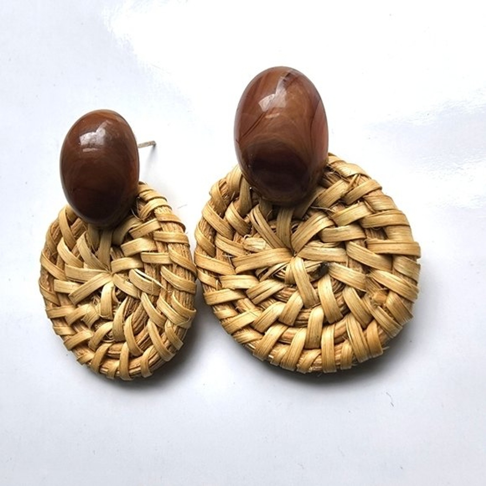 Wicker woven brown and tan post earrings, boho chic, modern, contemporary,