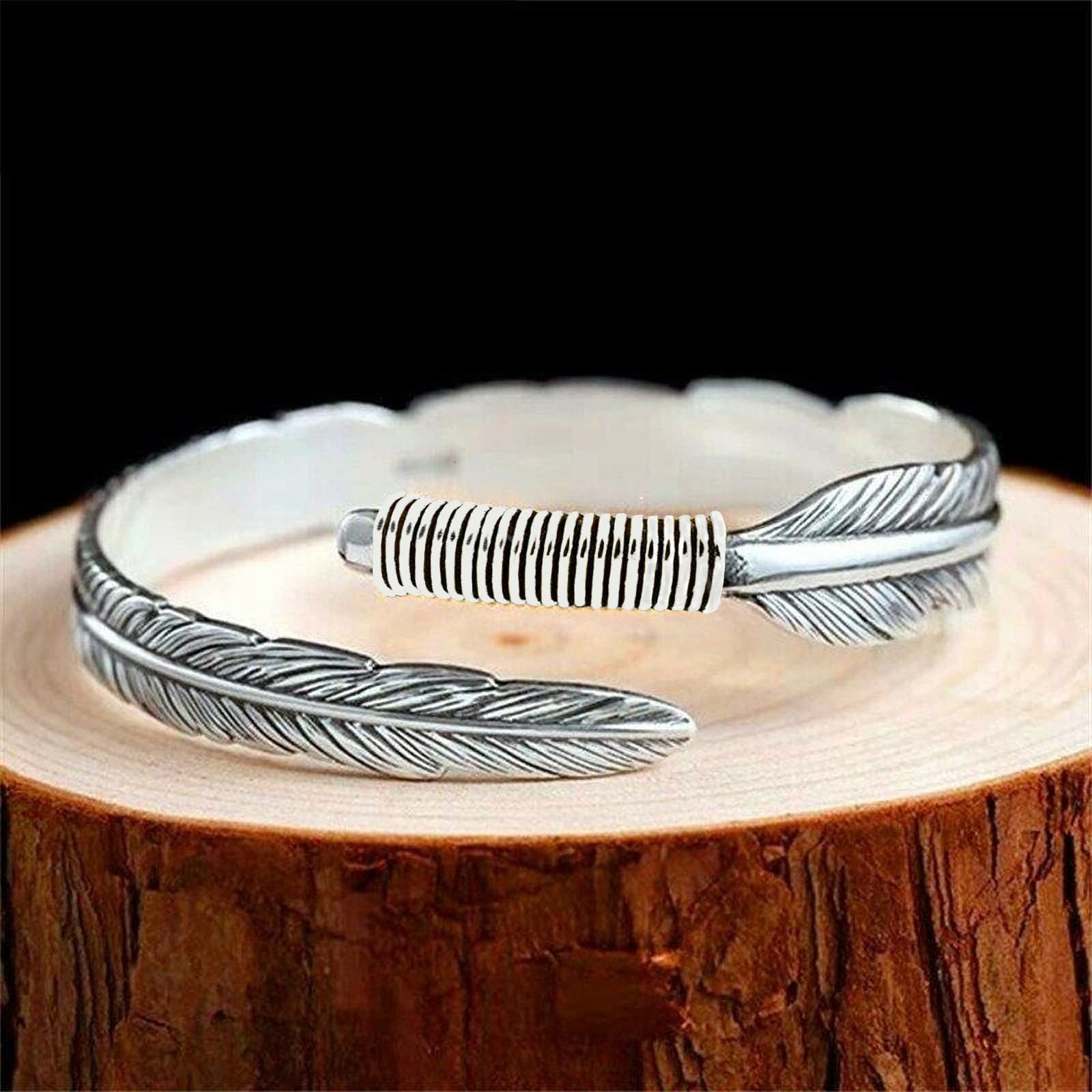 Silver Feather Bracelet Lucky Hope Cuff Jewelry Simple Retro For Women Men (Styl