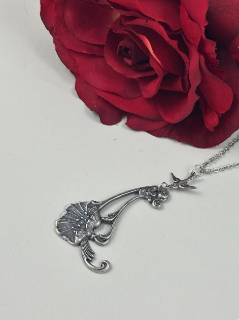 Vintage Art Nouveau Poppy Flower Necklace Sparrow Bird Pendant Nature Jewelry