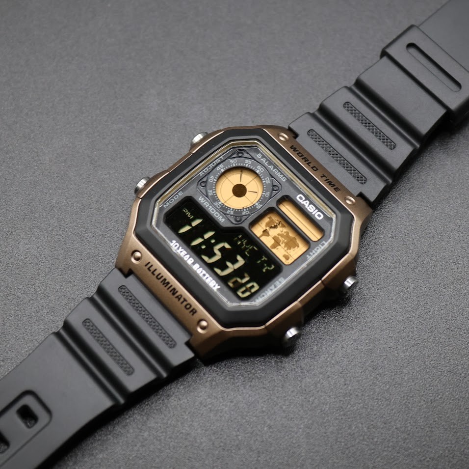 CASIO AE-1200WHD. Royale World Time Watch Mod. Gold Filter. Negative Display