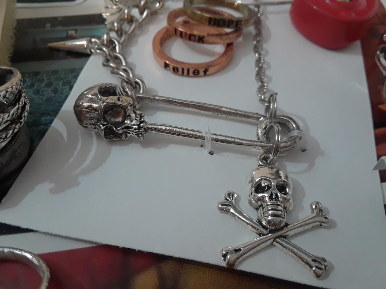 Punk, Goth, Emo, Mixed Jewelry Lot – Skull Safety pin & Red Pad lock necklace