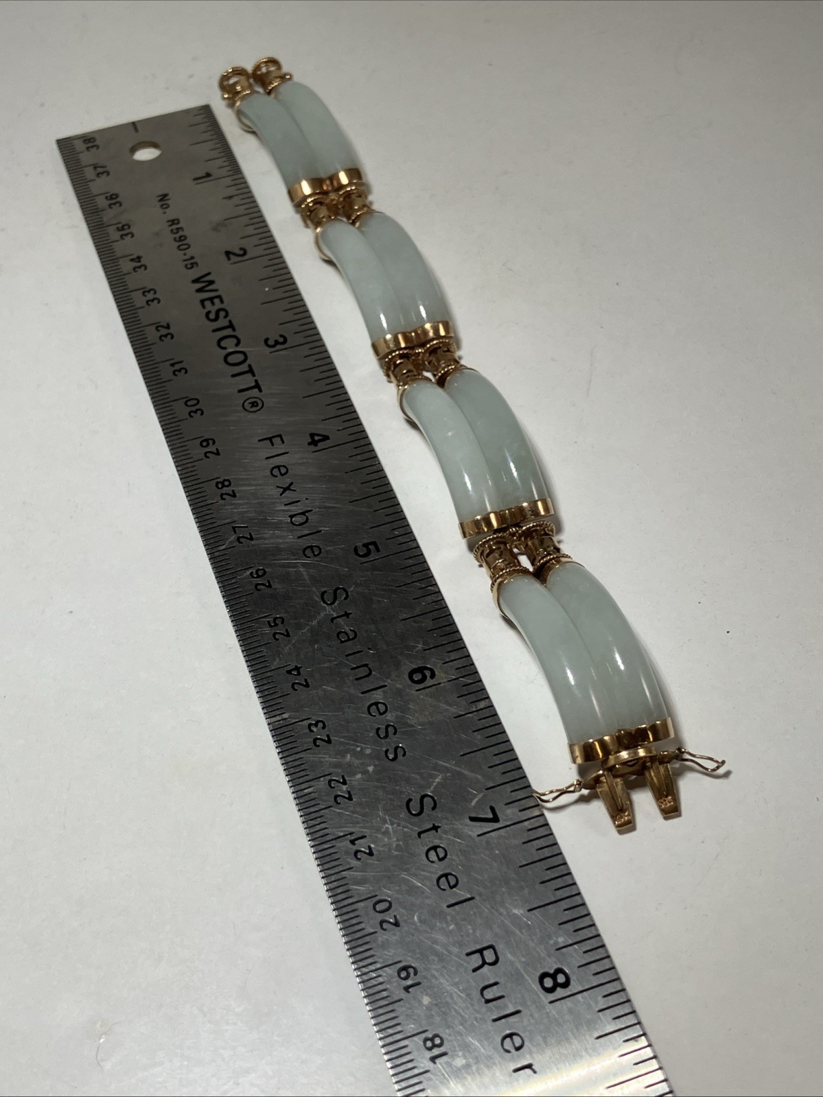 14K 585 Double Link 7 Inch Jade Jadeite Bracelet 46g Double Sided Safety Clasp