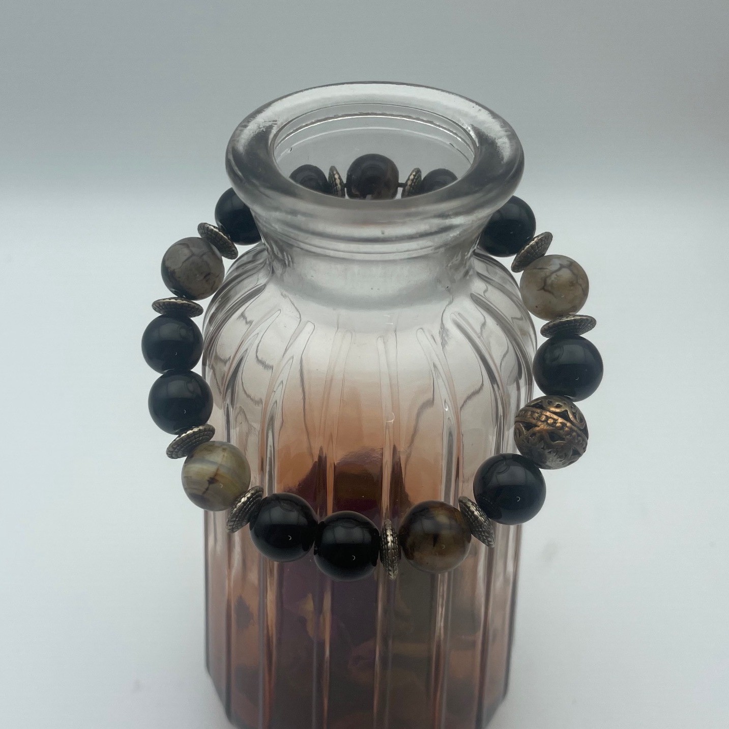 Stretch Beaded Bracelet Set – Black, White, Gray Stone Beads boho chic cute