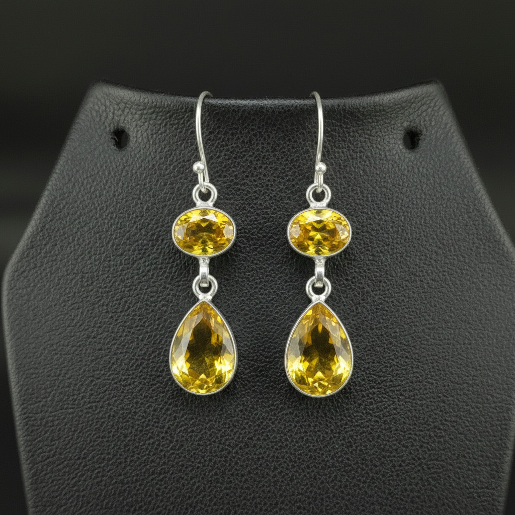 Citrine Gemstone 925 sterling silver handmade Dangle Drop Earrings 1.90″