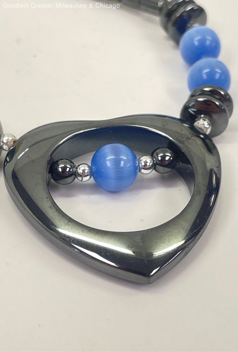 Artisan Blue Cat’s Eye & Hematite Open Heart Pendant Necklace 36.3g