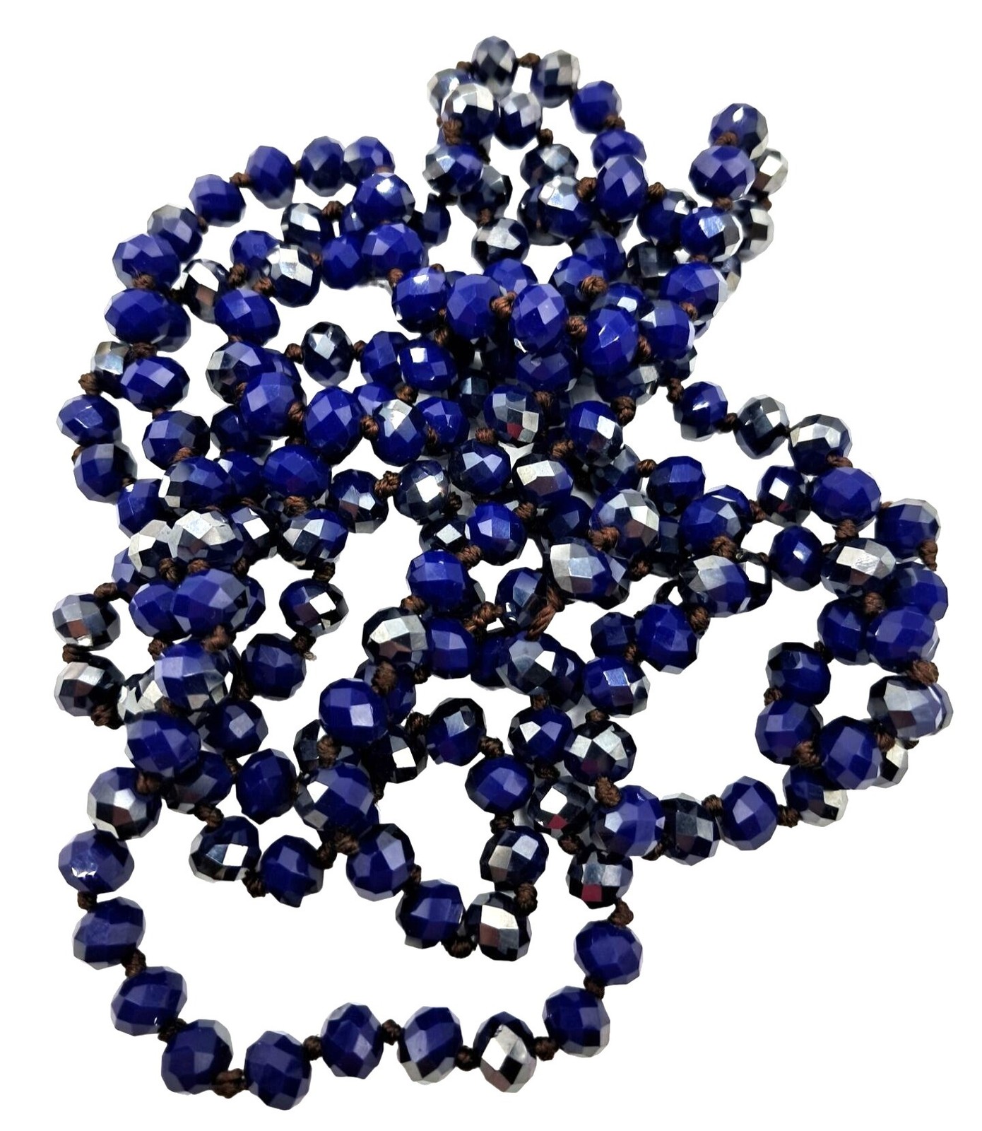 Vintage Glass Beaded Necklace Cobalt Royal Blue Silver Aurora Borealis Hand Knot