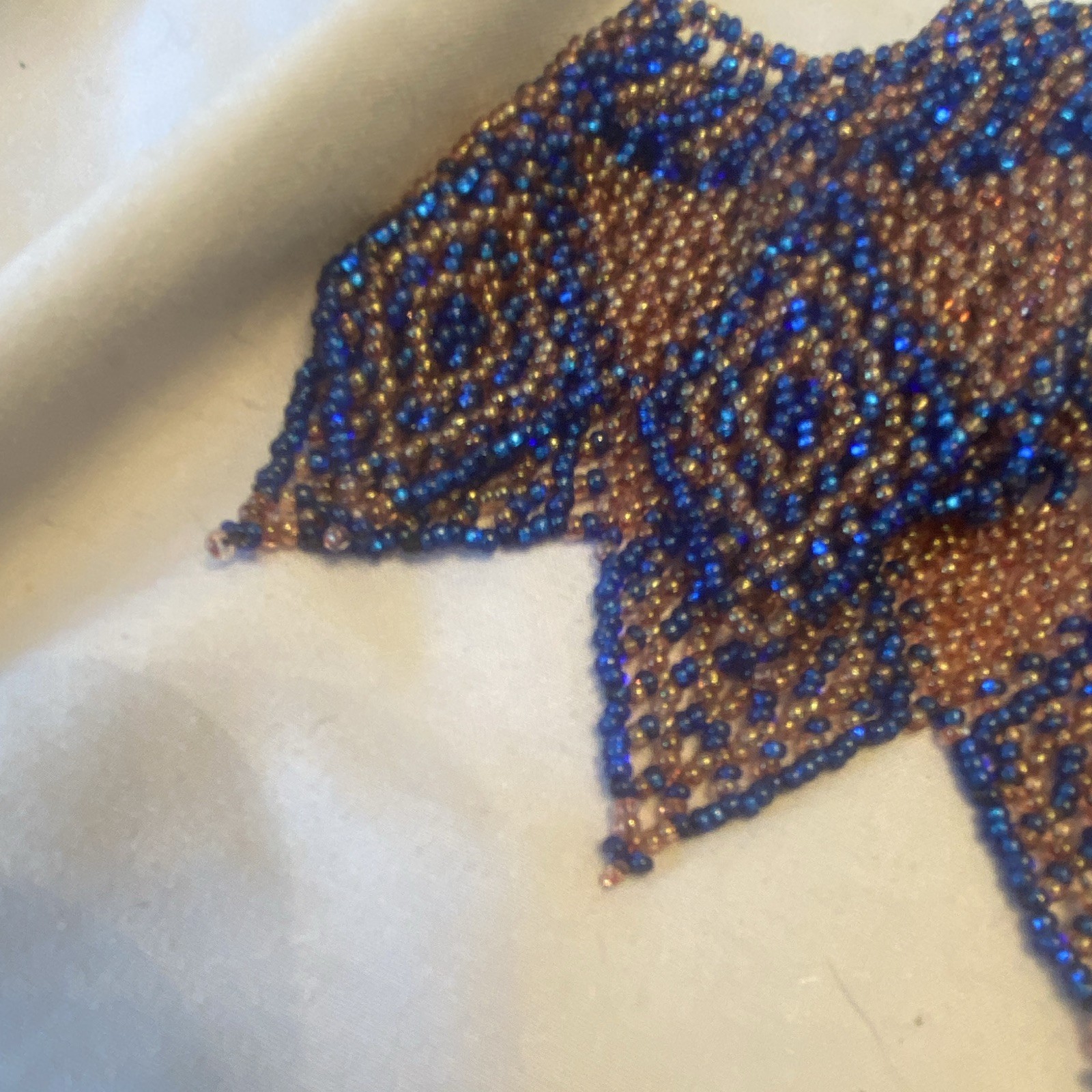 Vintage Blue & Brown Glass Beaded Geometric Bib Choker Necklace Adjustable 10in