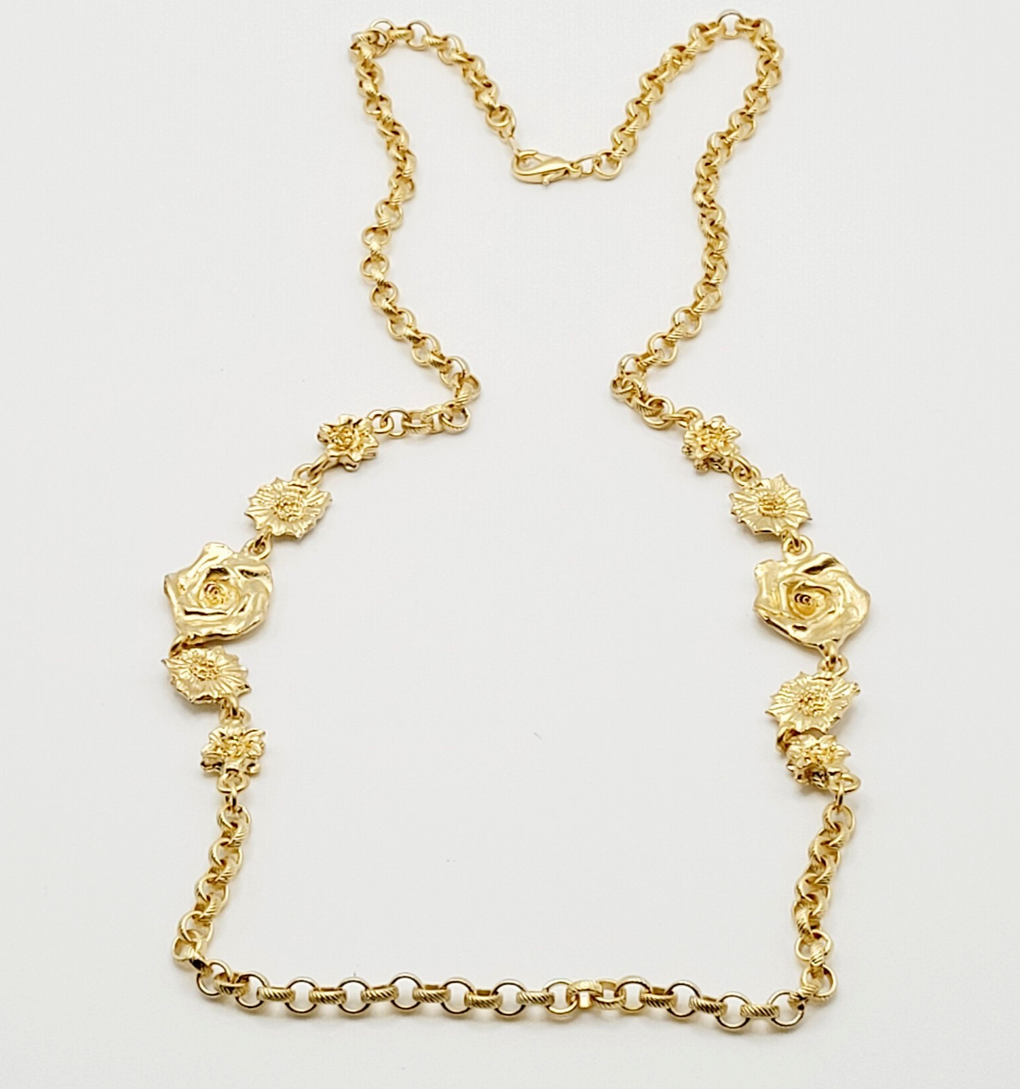 Unique Rose Floral Station Style Bright Gold Tone Sautoir Vintage Necklace Korea