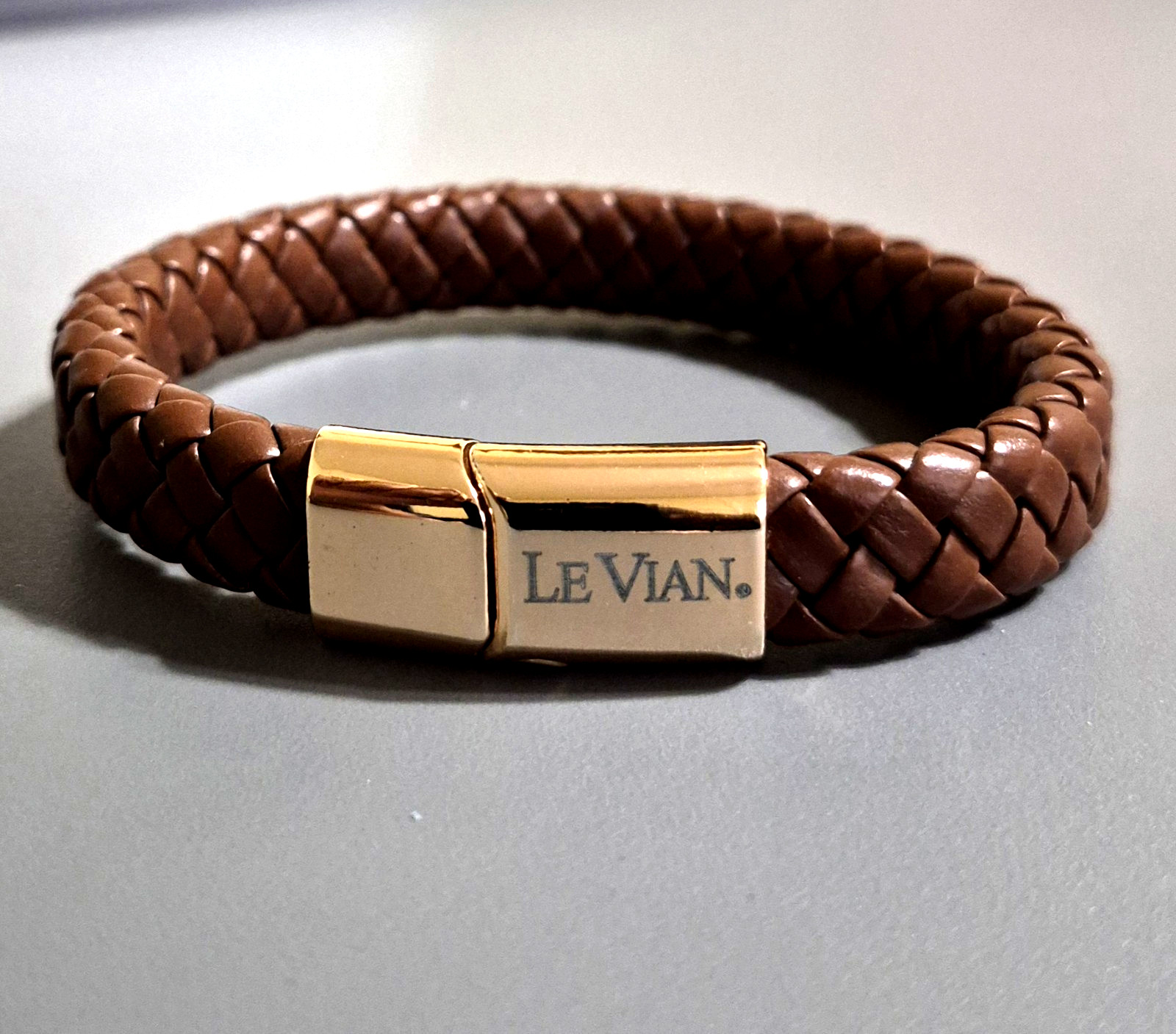 Le Vian Bracelet Rose Gold Tone Brown Leather Look Braided Magnetic 7.5″