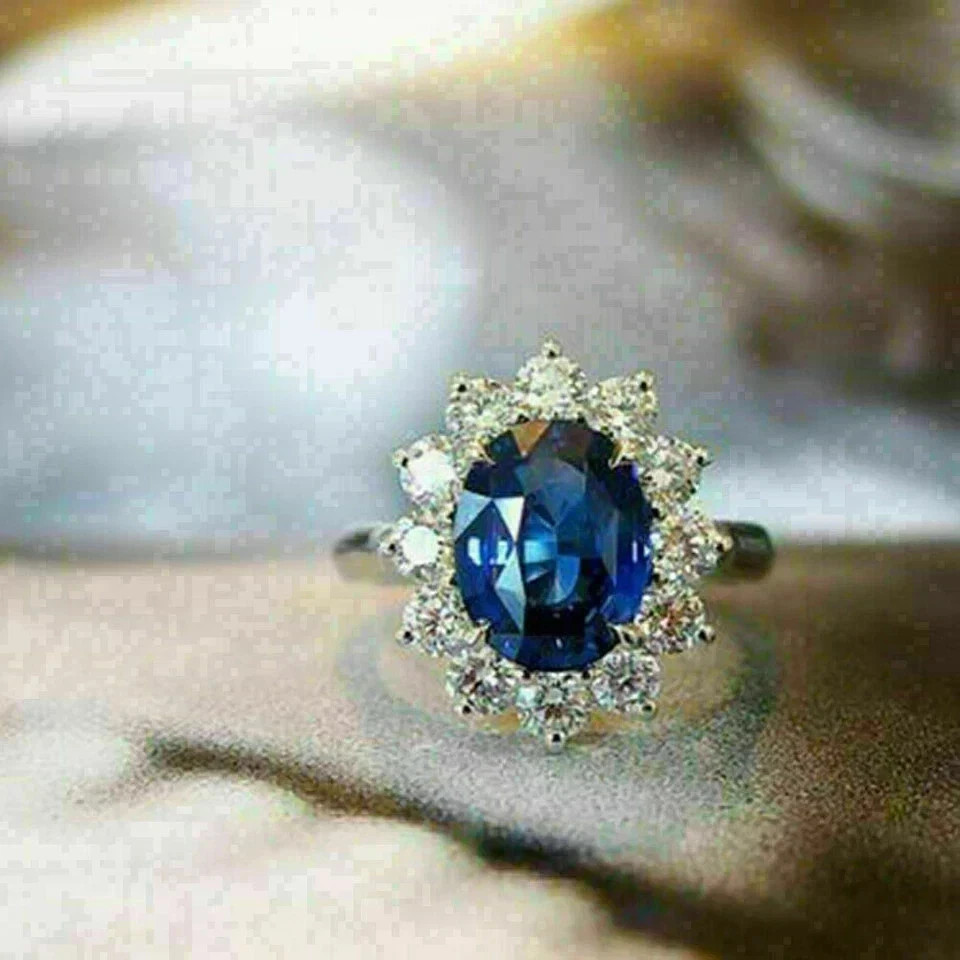 3.30Ct Oval Natural Blue Sapphire Diamond Wedding Ring 14K White Gold Size 6,7,8