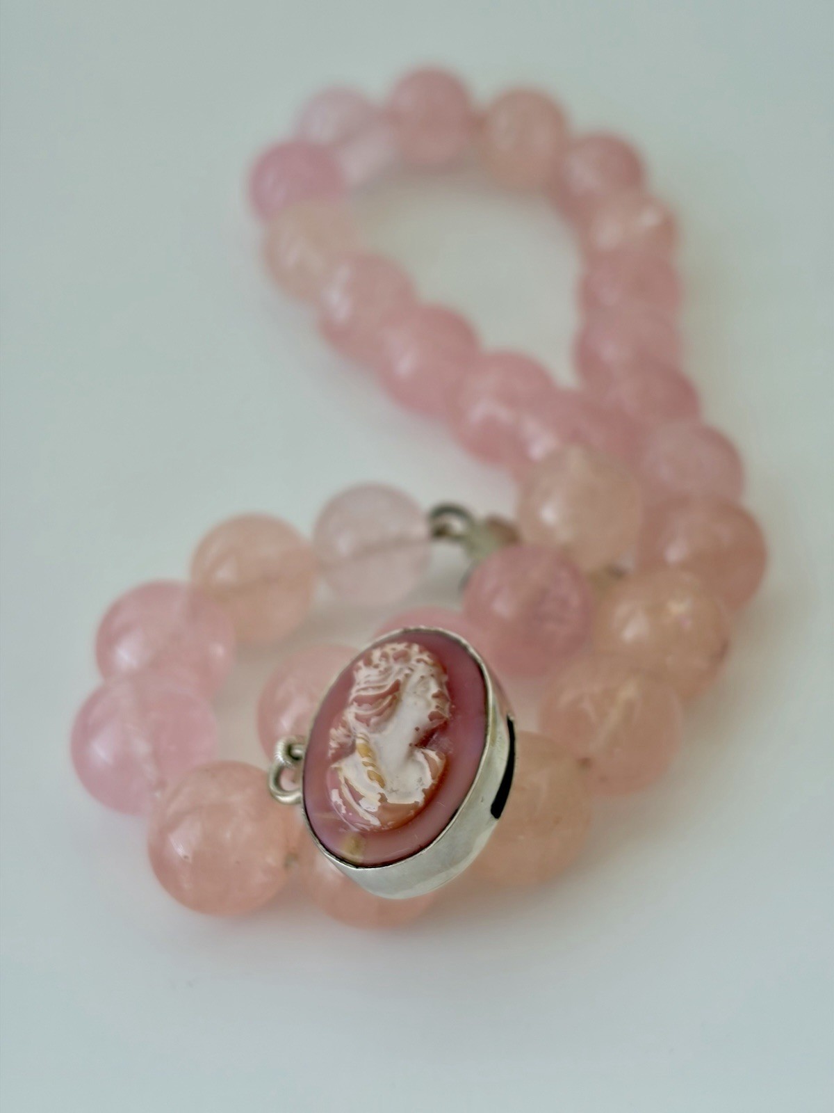 Madagascar Rose Quartz Necklace 14mm Silk Knotted 925 Cameo Clasp OOAK VTG
