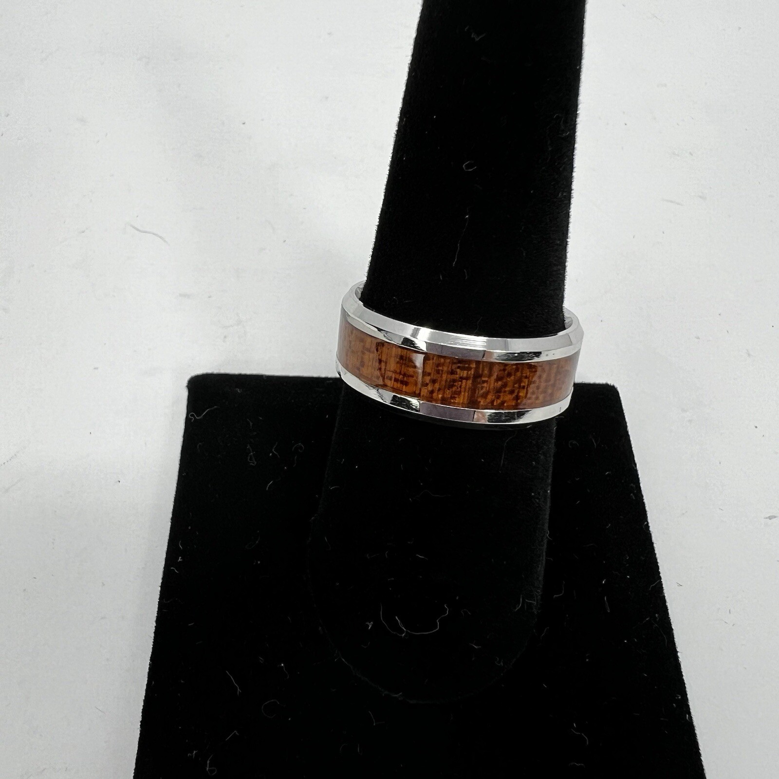 Wood Look and Stainless Steel Band Ring Size 8 Women .25” Wide