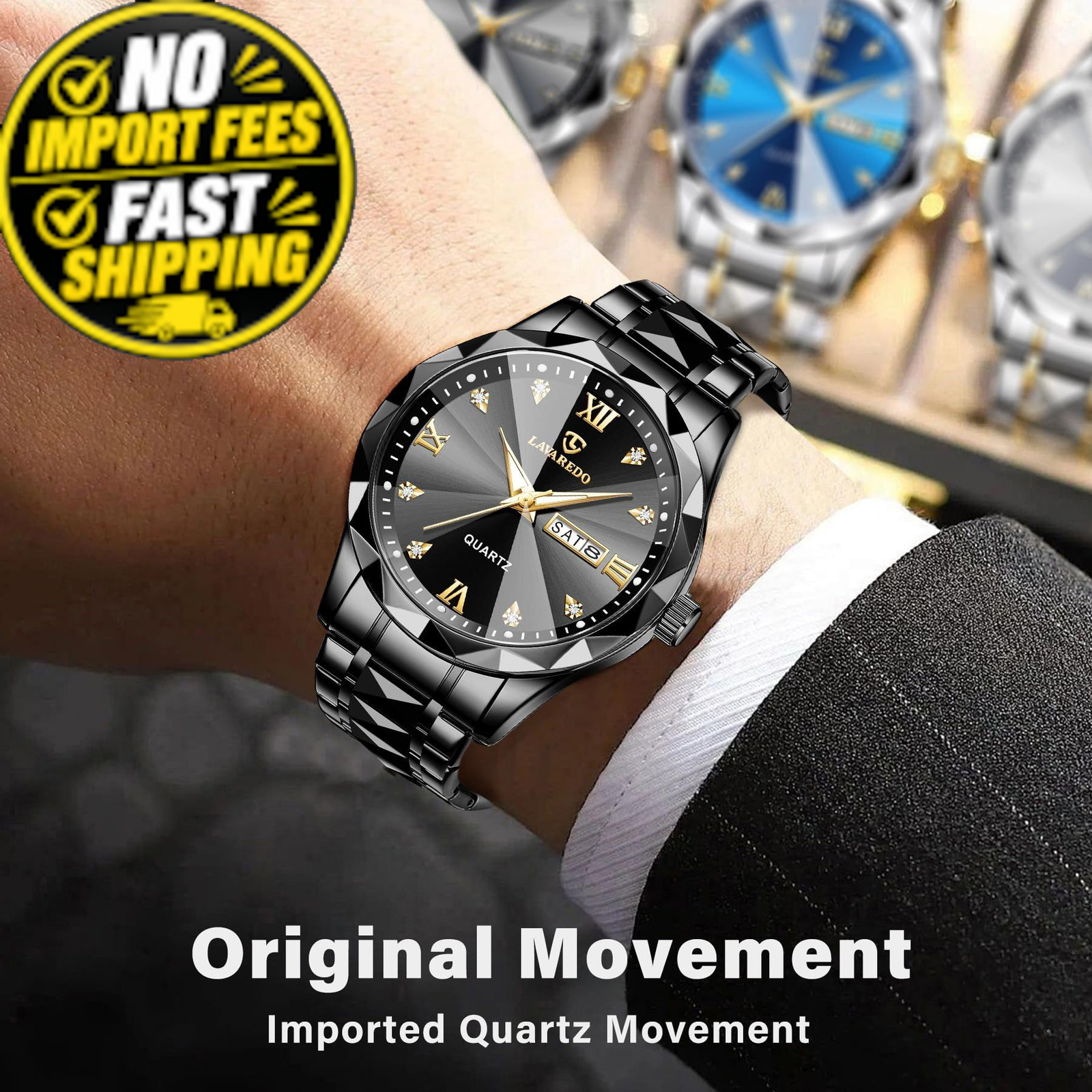 VTAIGE Mens Watches Stainless Steel Waterproof Luminous Date Two AllBlack