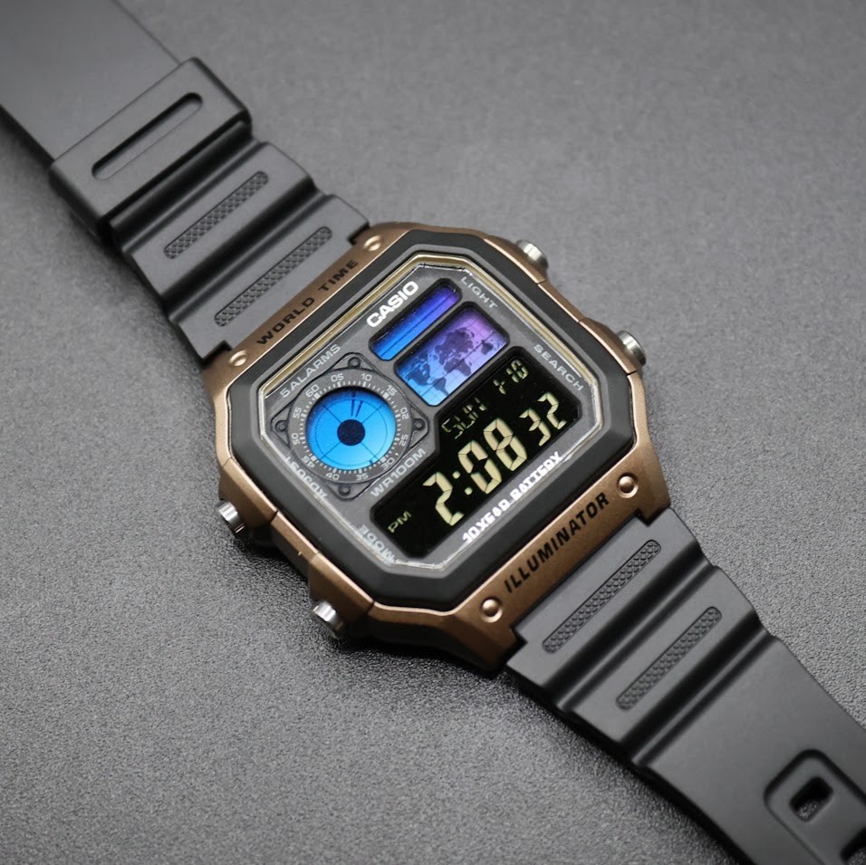 CASIO AE-1200WHD. Royale World Time Watch Mod. Blue Filter. Negative Display