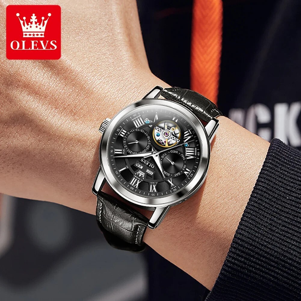 OLEVS Watch Automatic Mechanical Waterproof Luxury Date Leather Men Mens Strap