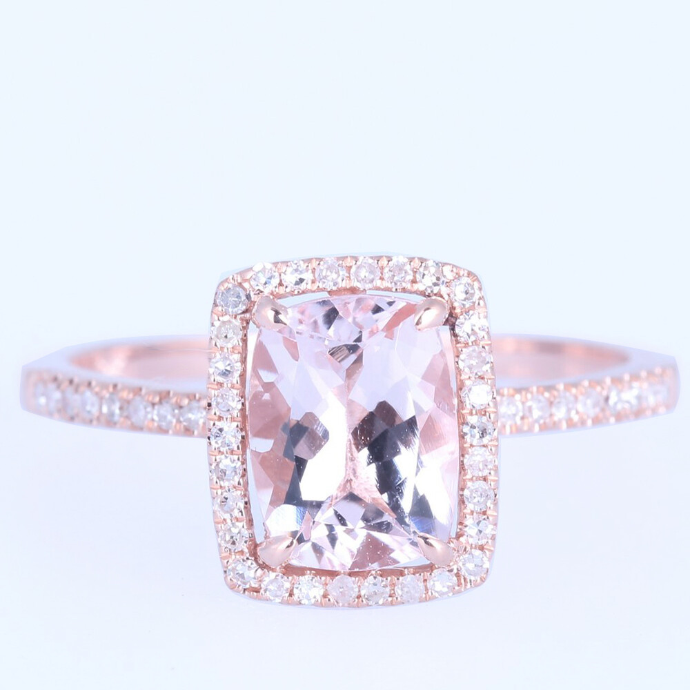 Engagement Diamonds Halo Fine Ring 10K Rose Gold 1.37CT Morganite Cushion 8x6mm