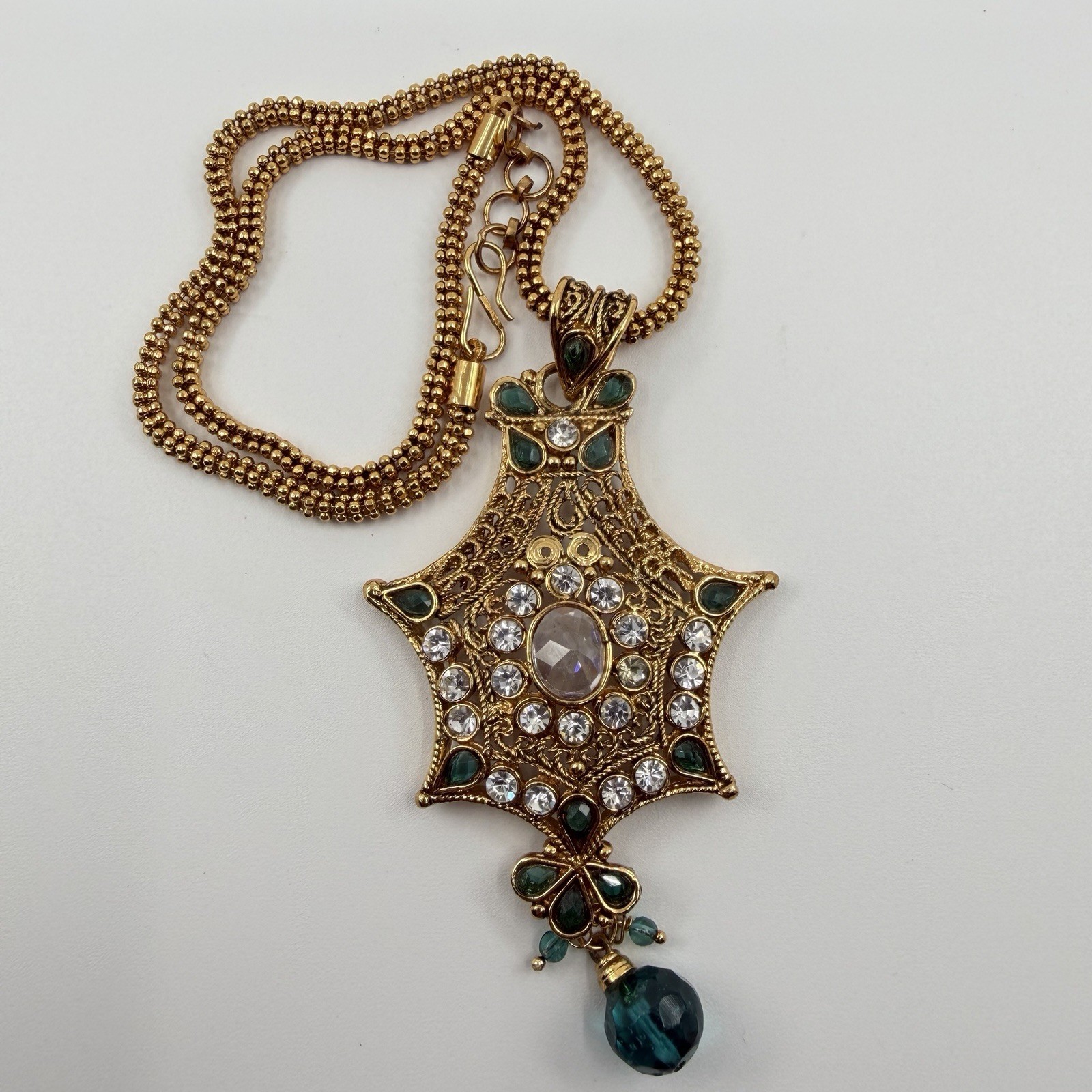 Gold Tone Ornate Multi Pointed Pendant Accented Clear Teal Rhinestone 16”