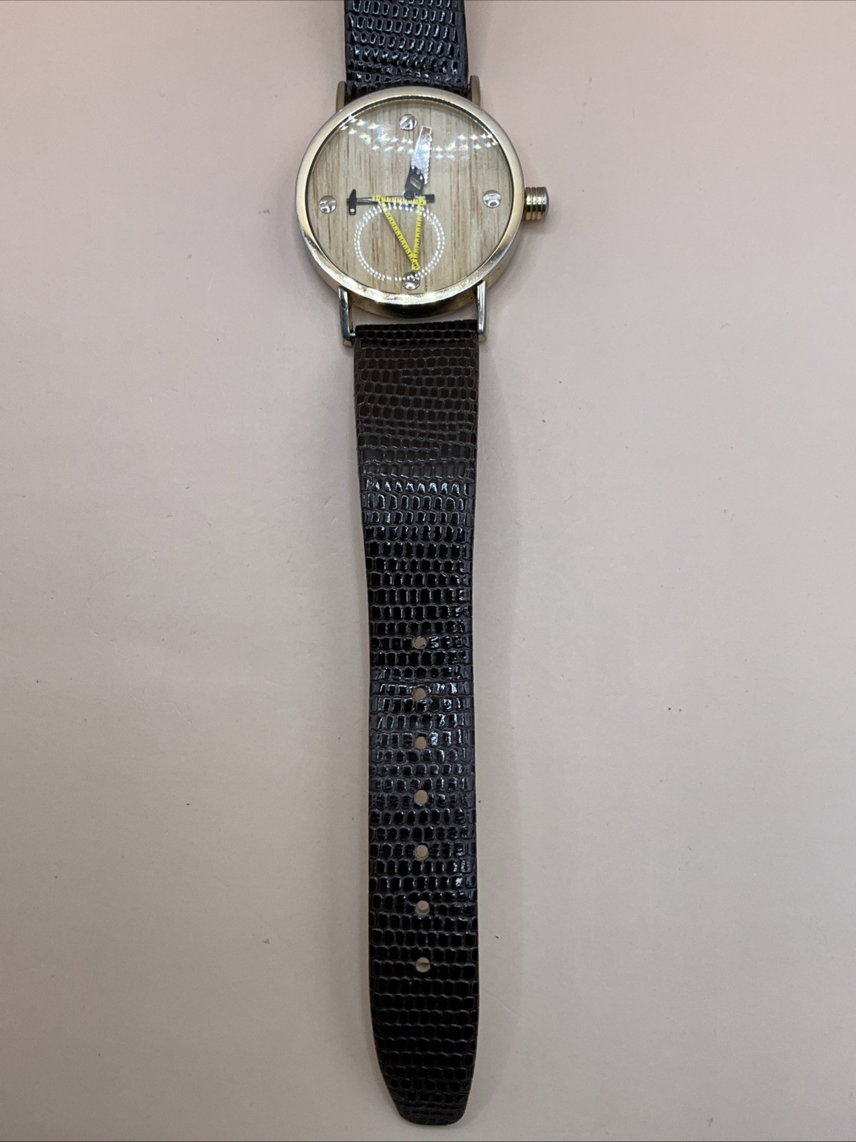 Consort Analog Wood Grain Beige Dial Brown Leather Stainless Steel Wristwatch