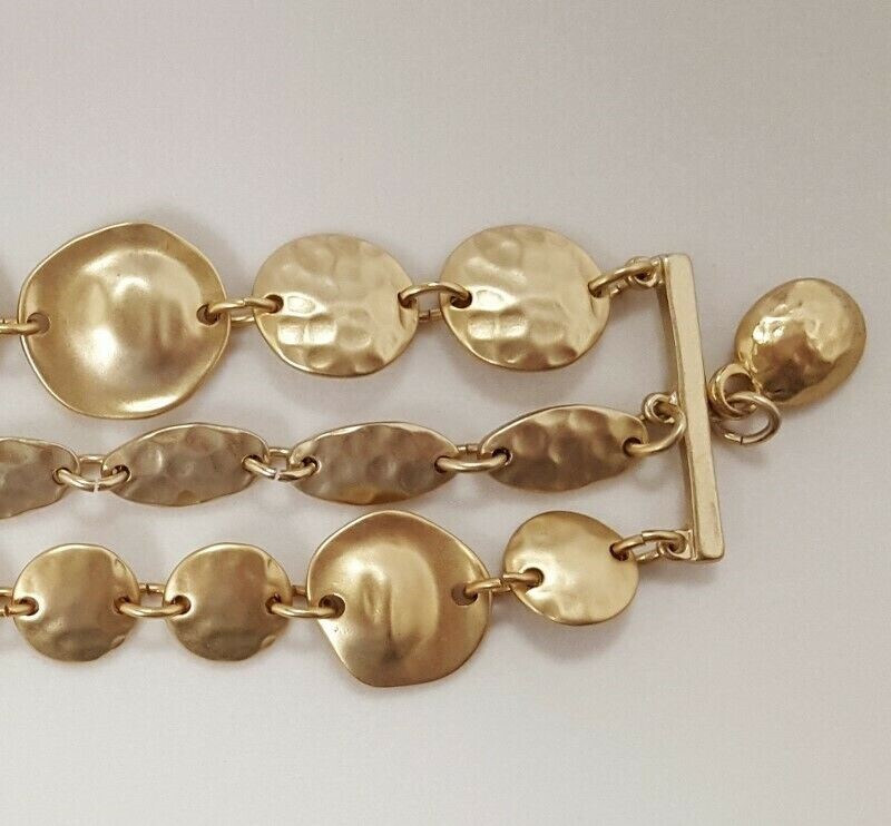 ANTIQUE BRUSHED GOLD HAMMERED MEDALLIONS BOHO HIPPIE 3 CHAIN 7.5″ BRACELET V216